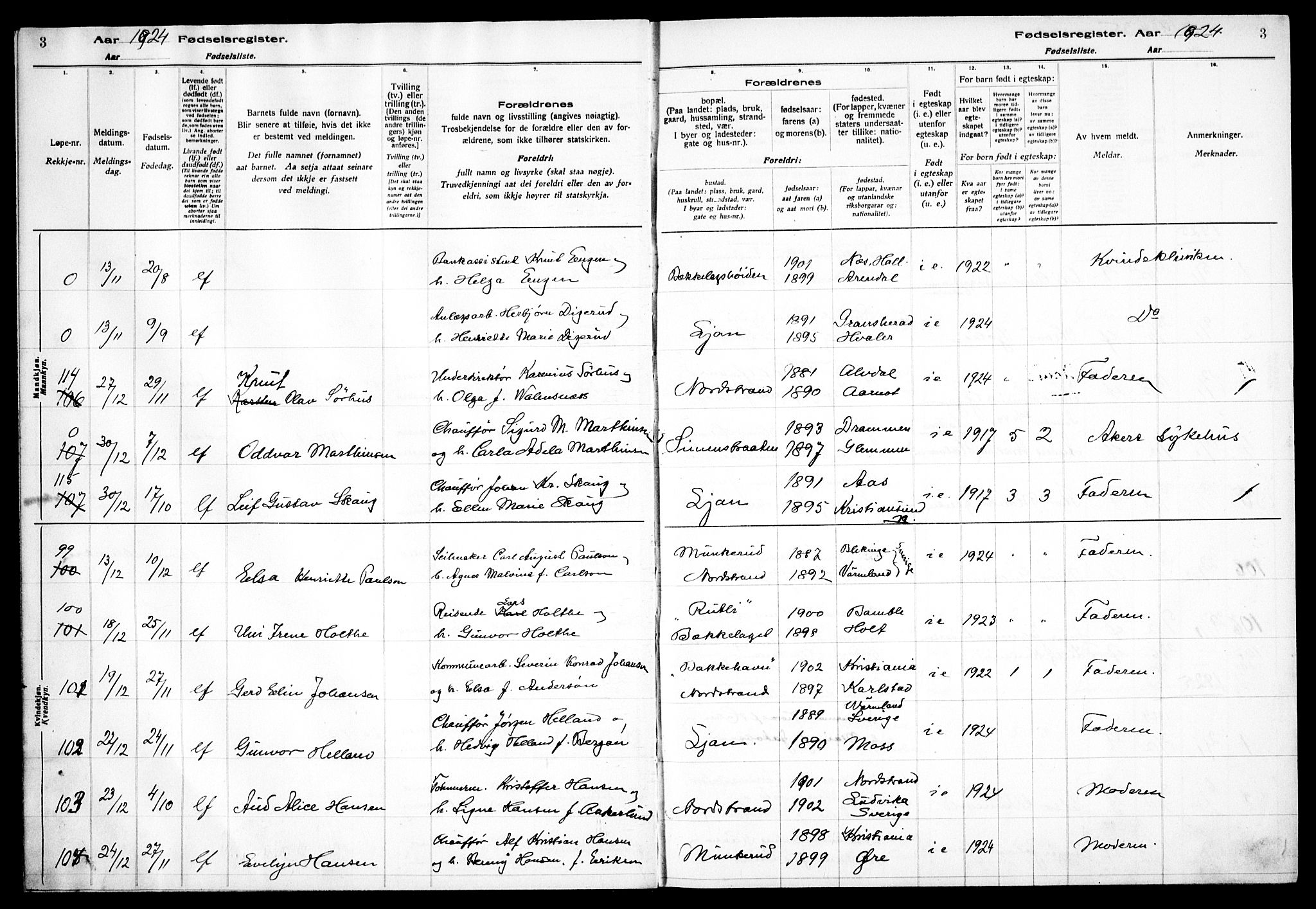 Nordstrand prestekontor Kirkebøker, AV/SAO-A-10362a/J/Ja/L0002: Birth register no. I 2, 1924-1930, p. 3