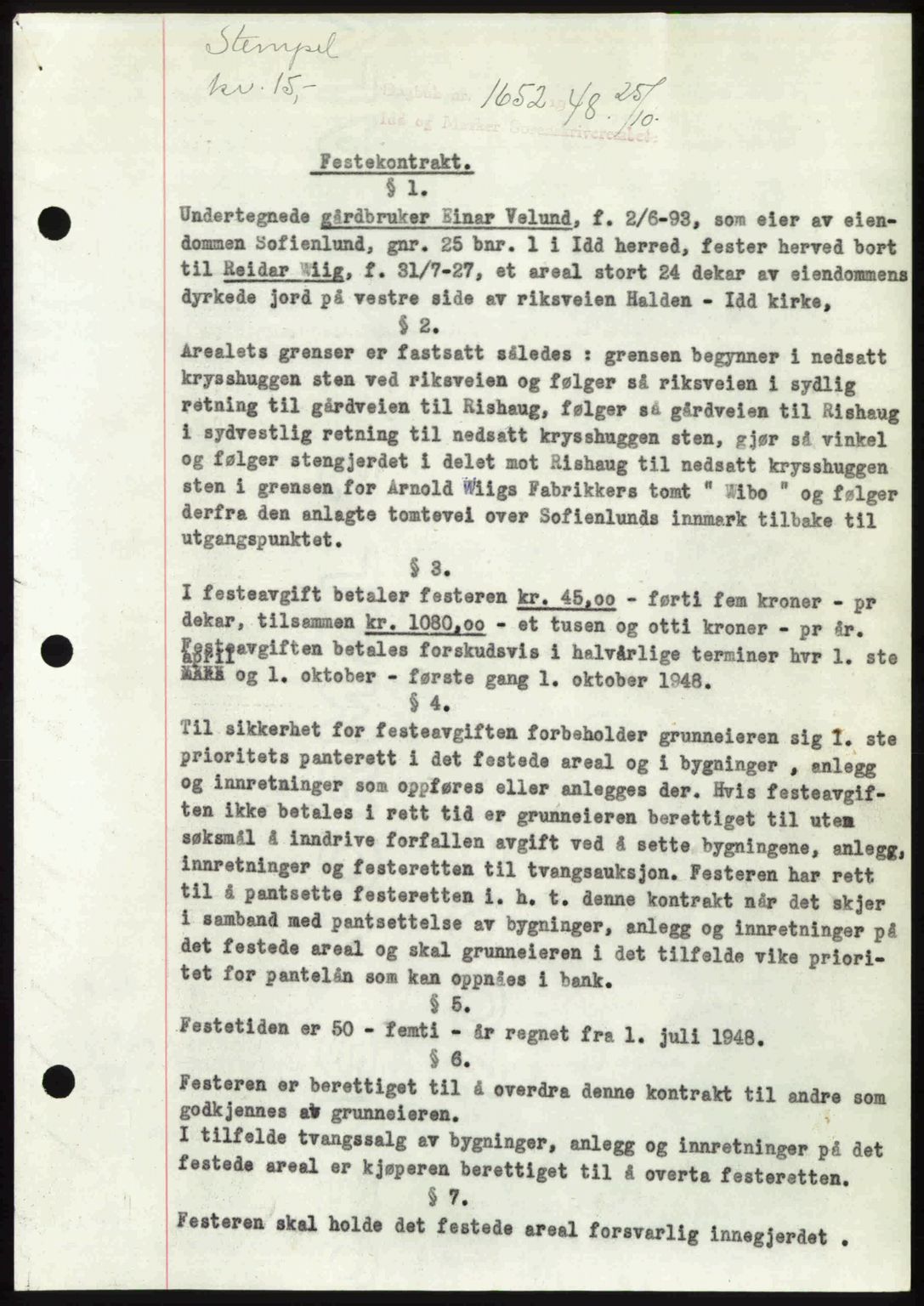 Idd og Marker sorenskriveri, AV/SAO-A-10283/G/Gb/Gbb/L0011: Mortgage book no. A11, 1948-1949, Diary no: : 1652/1948