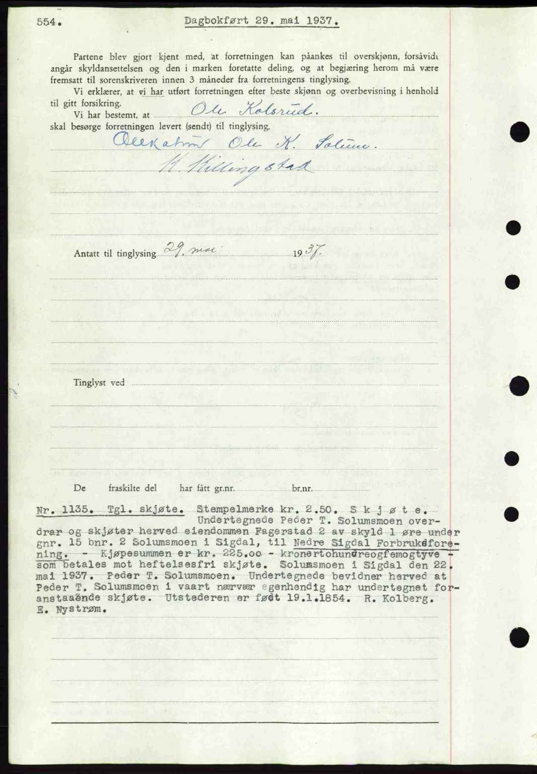 Eiker, Modum og Sigdal sorenskriveri, SAKO/A-123/G/Ga/Gab/L0035: Mortgage book no. A5, 1937-1937, Diary no: : 1135/1937