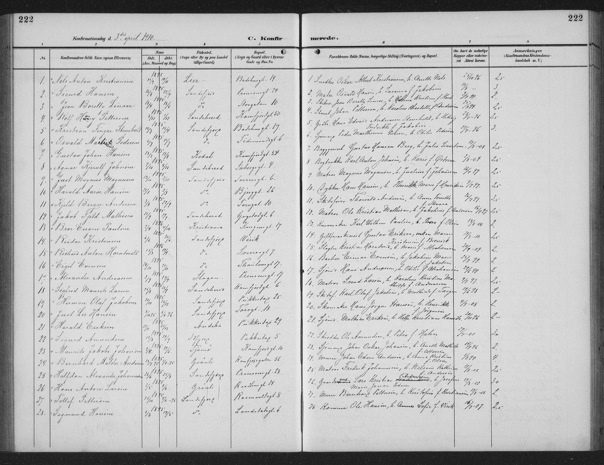 Sandefjord kirkebøker, AV/SAKO-A-315/G/Ga/L0003: Parish register (copy) no. 3, 1903-1920, p. 222