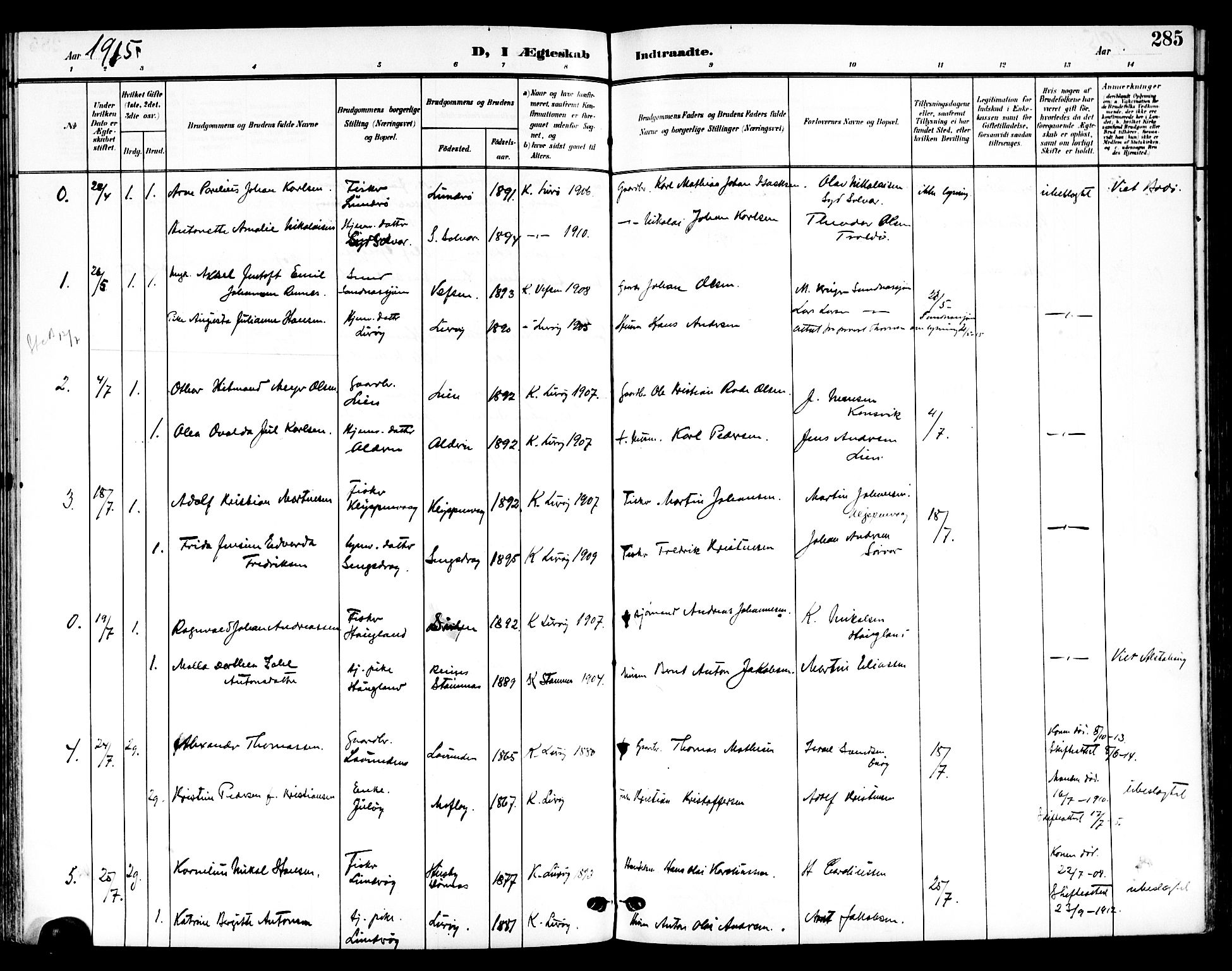 Ministerialprotokoller, klokkerbøker og fødselsregistre - Nordland, SAT/A-1459/839/L0569: Parish register (official) no. 839A06, 1903-1922, p. 285