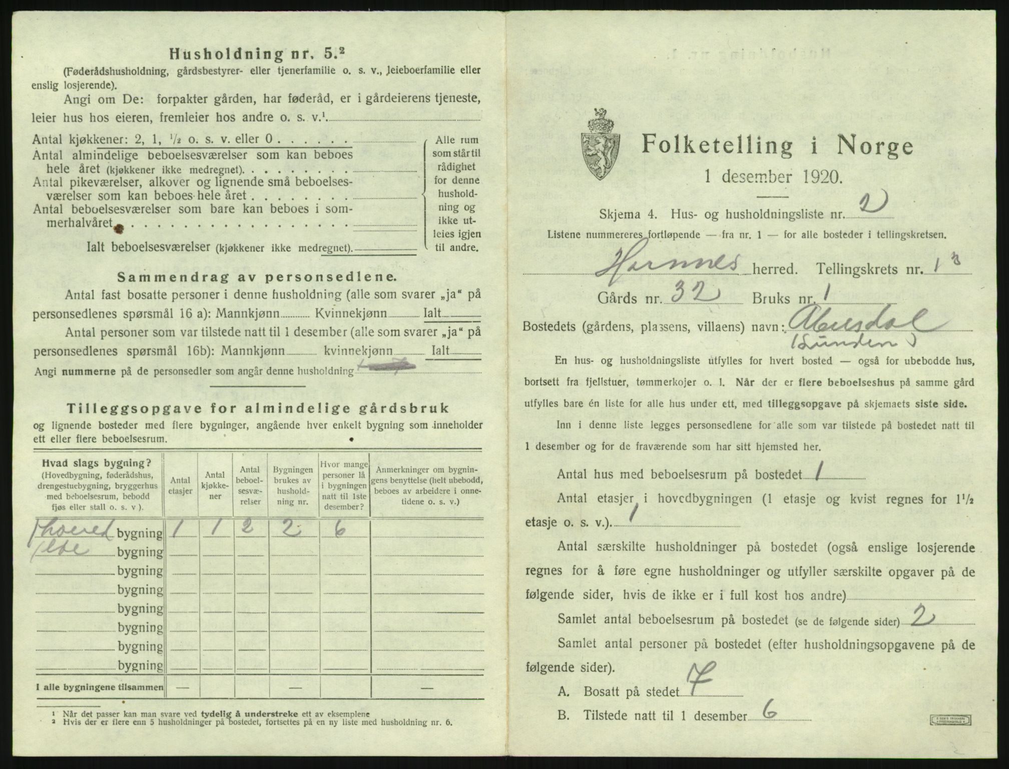 SAK, 1920 census for Hornnes, 1920, p. 507