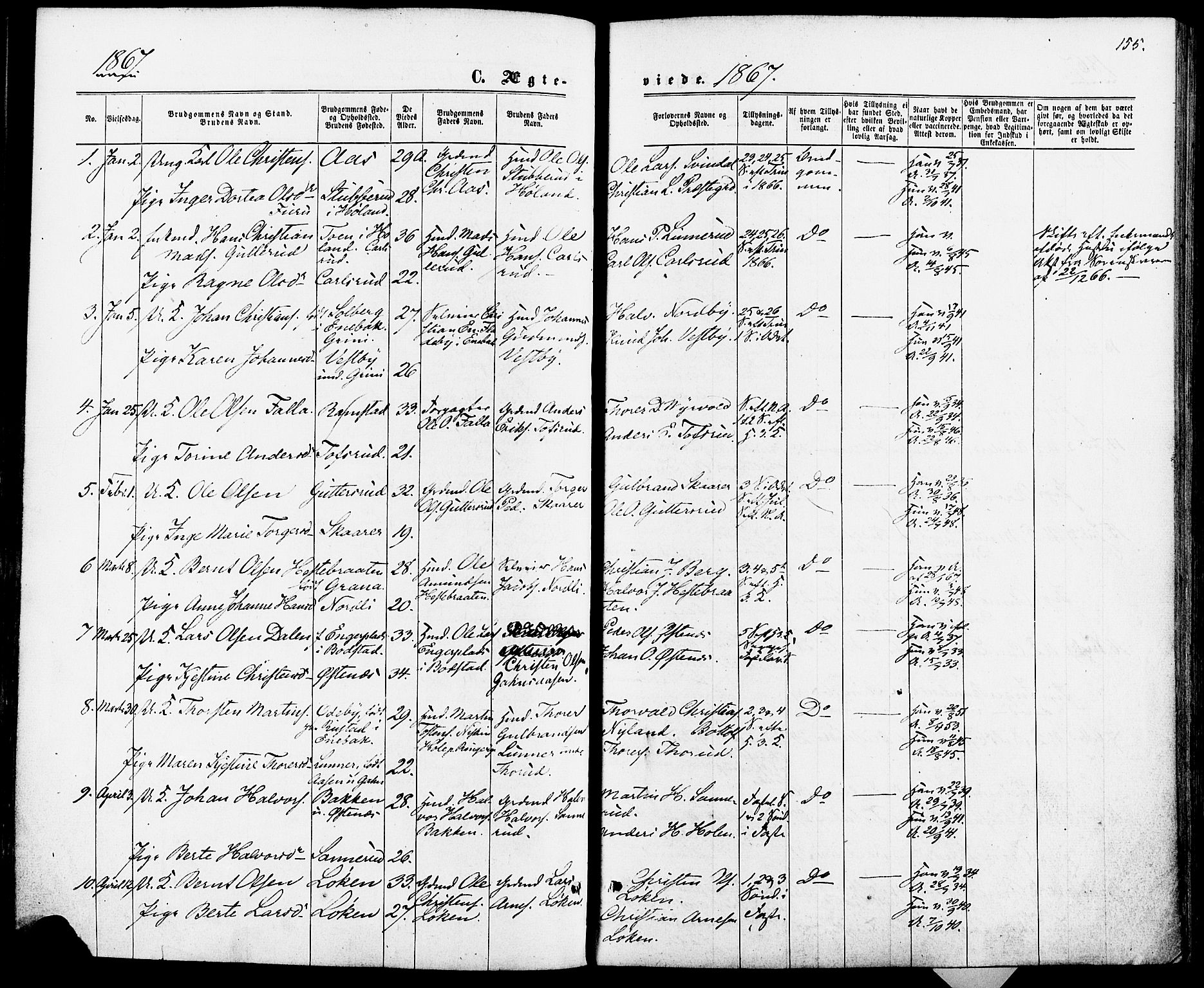 Fet prestekontor Kirkebøker, SAO/A-10370a/F/Fa/L0013: Parish register (official) no. I 13, 1867-1877, p. 155