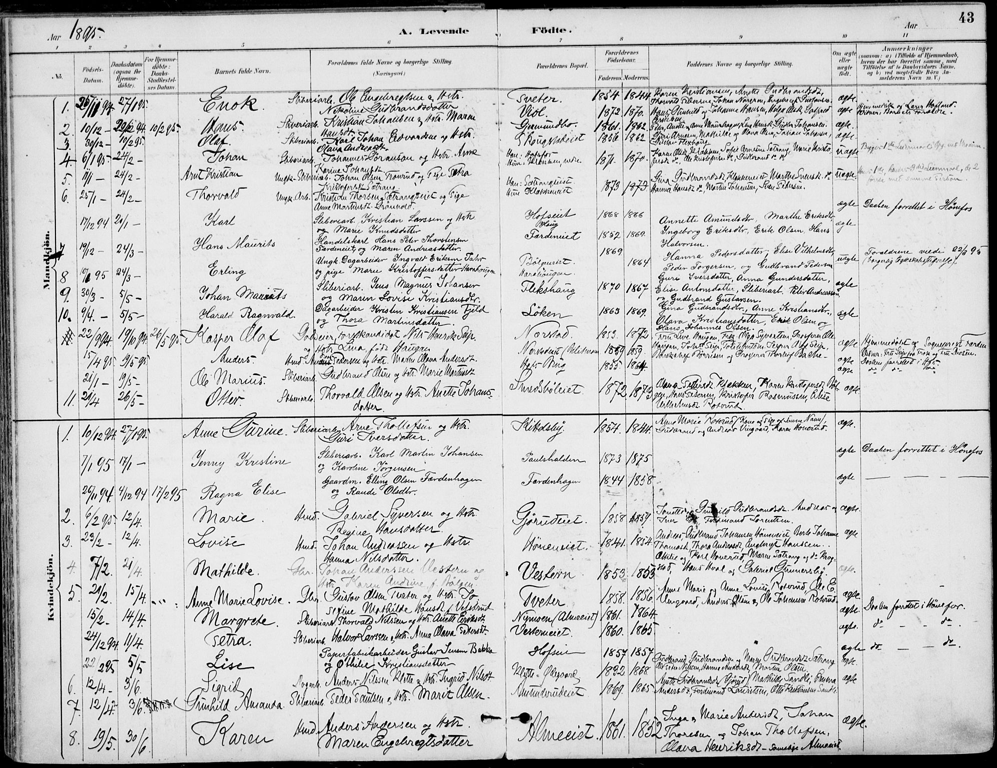 Haug kirkebøker, AV/SAKO-A-604/F/Fa/L0001: Parish register (official) no. 1, 1885-1917, p. 43