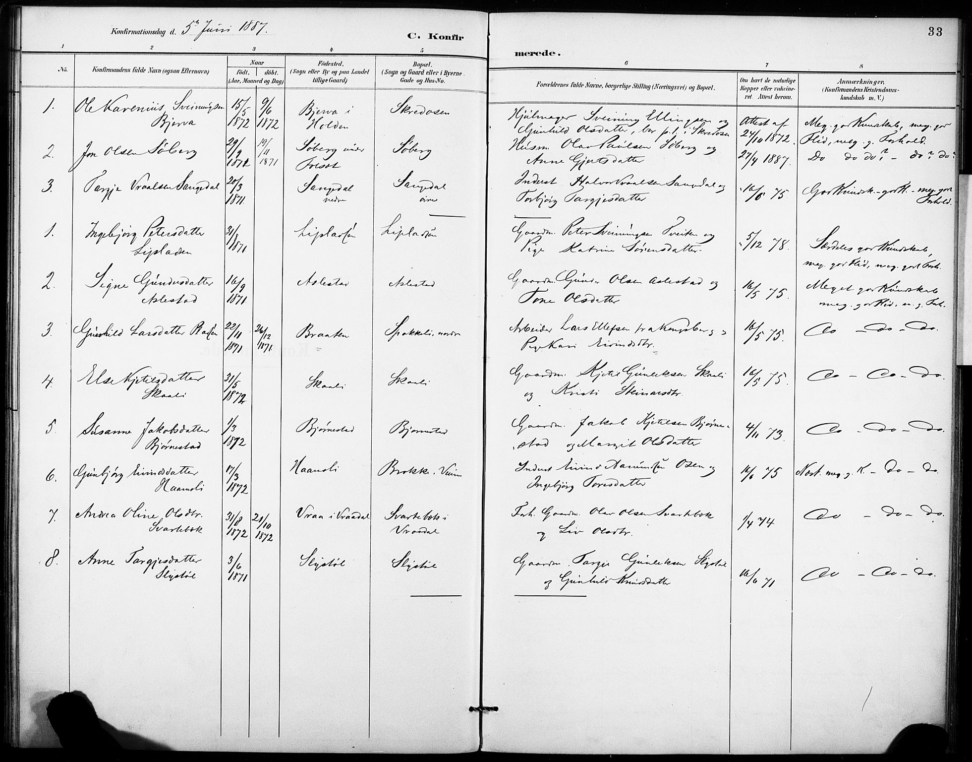Fyresdal kirkebøker, SAKO/A-263/F/Fb/L0003: Parish register (official) no. II 3, 1887-1903, p. 33