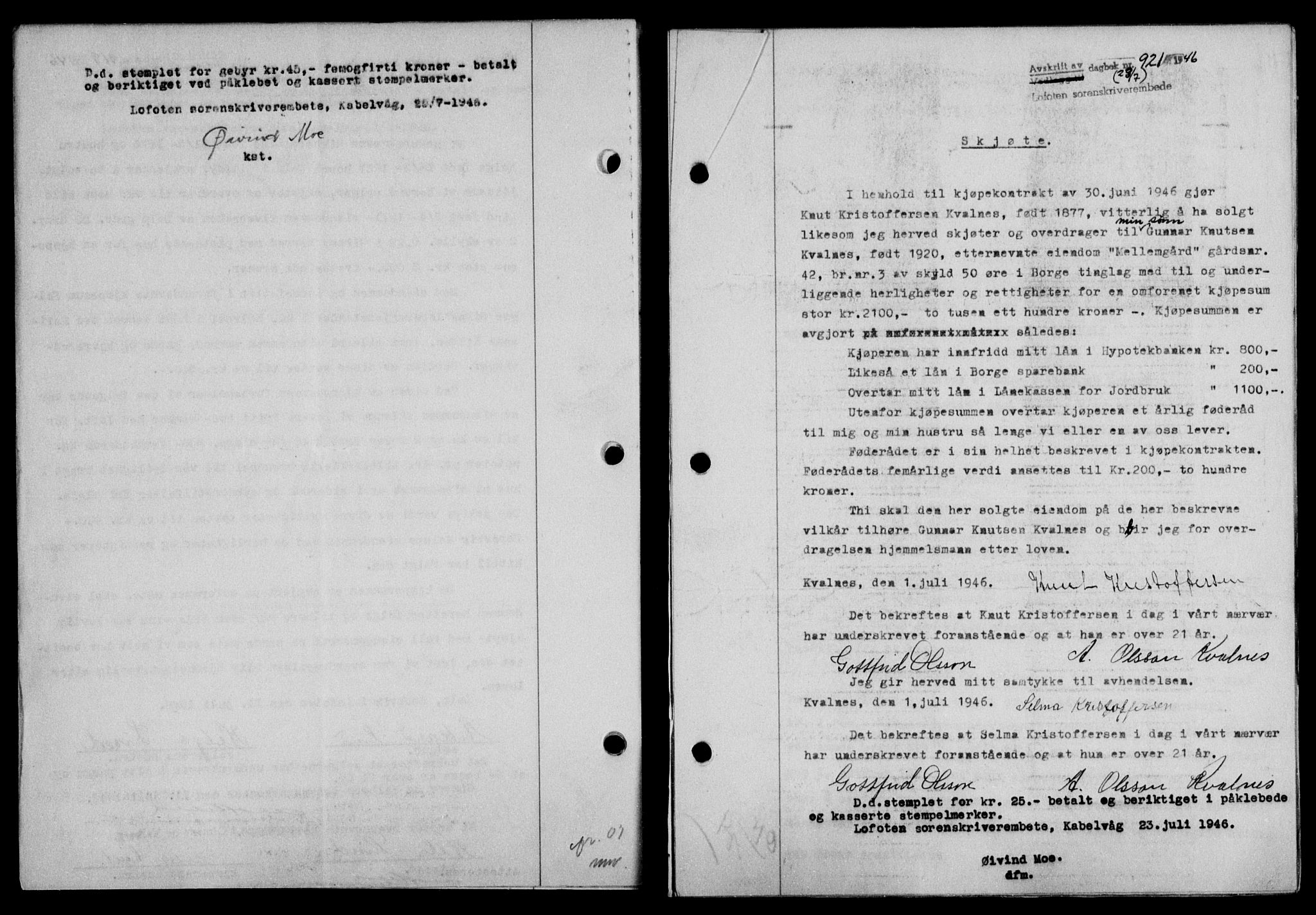 Lofoten sorenskriveri, SAT/A-0017/1/2/2C/L0014a: Mortgage book no. 14a, 1946-1946, Diary no: : 921/1946
