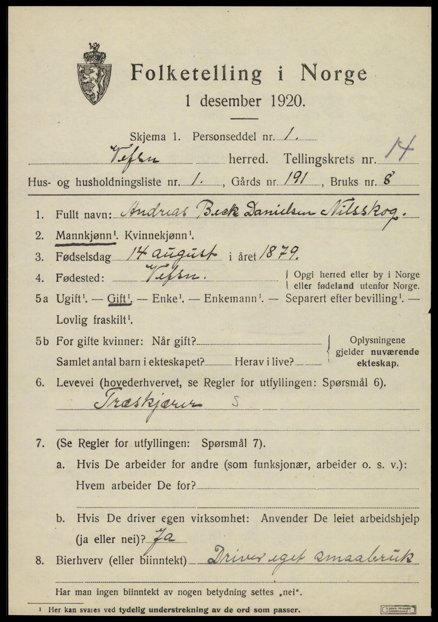 SAT, 1920 census for Vefsn, 1920, p. 10635