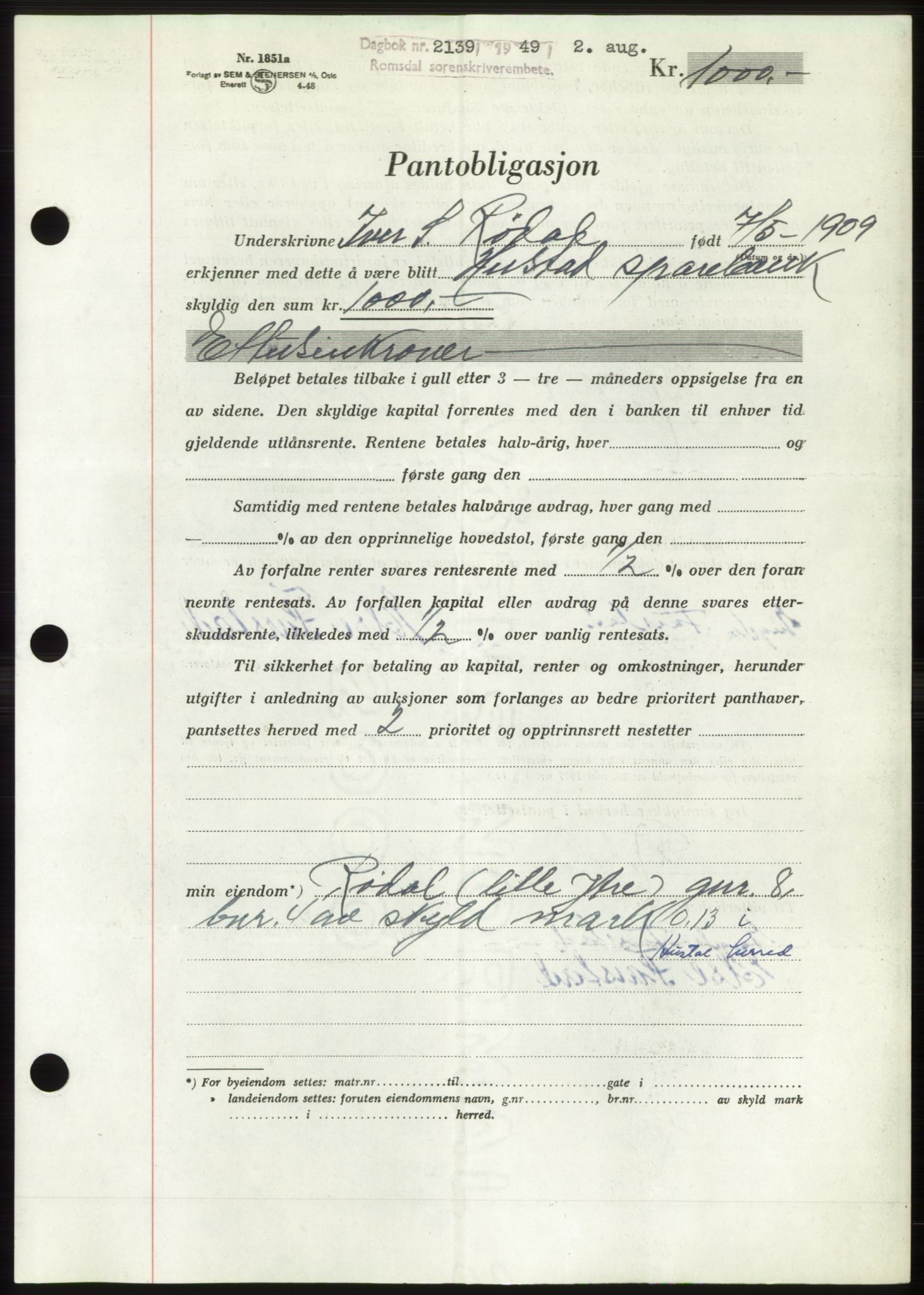 Romsdal sorenskriveri, AV/SAT-A-4149/1/2/2C: Mortgage book no. B4, 1948-1949, Diary no: : 2139/1949