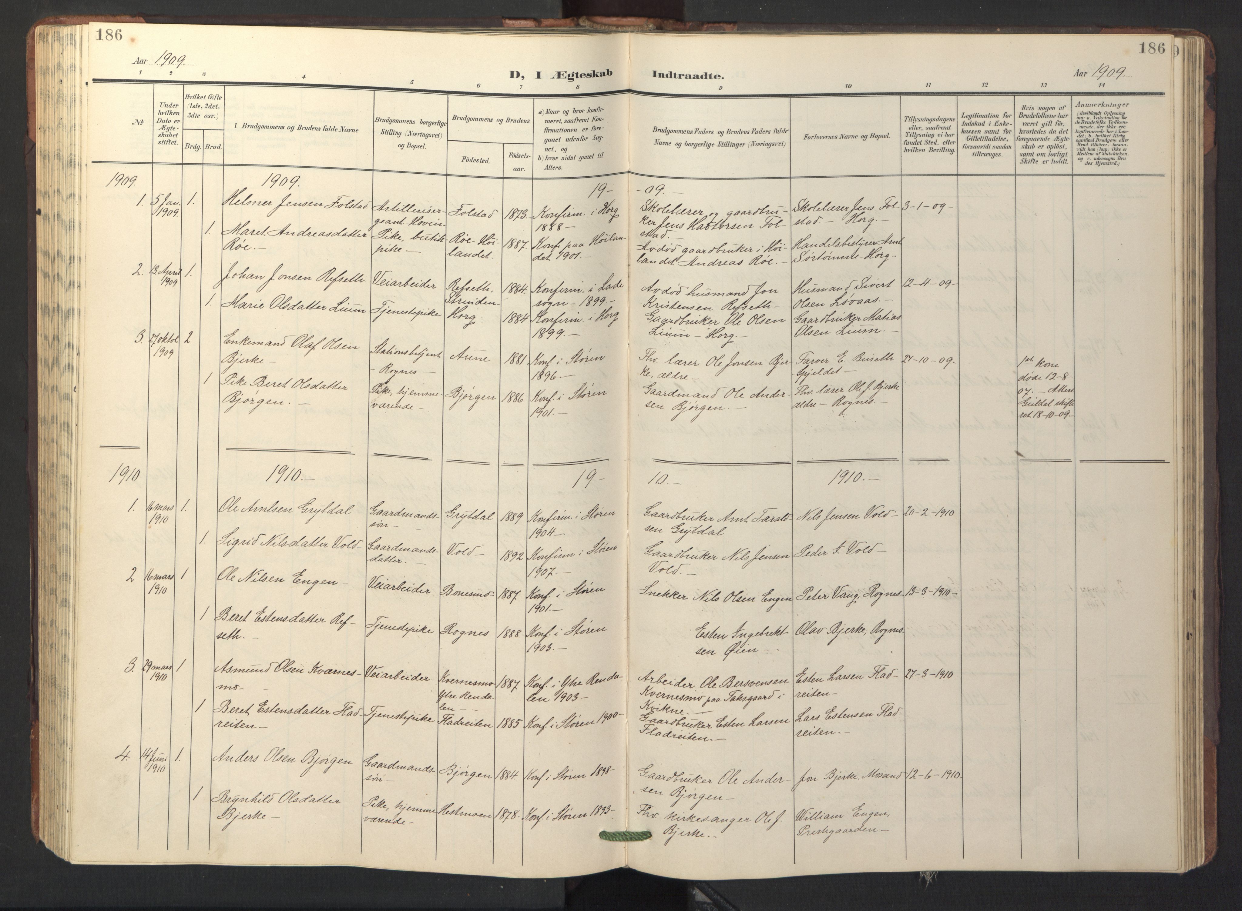 Ministerialprotokoller, klokkerbøker og fødselsregistre - Sør-Trøndelag, SAT/A-1456/687/L1019: Parish register (copy) no. 687C03, 1904-1931, p. 186