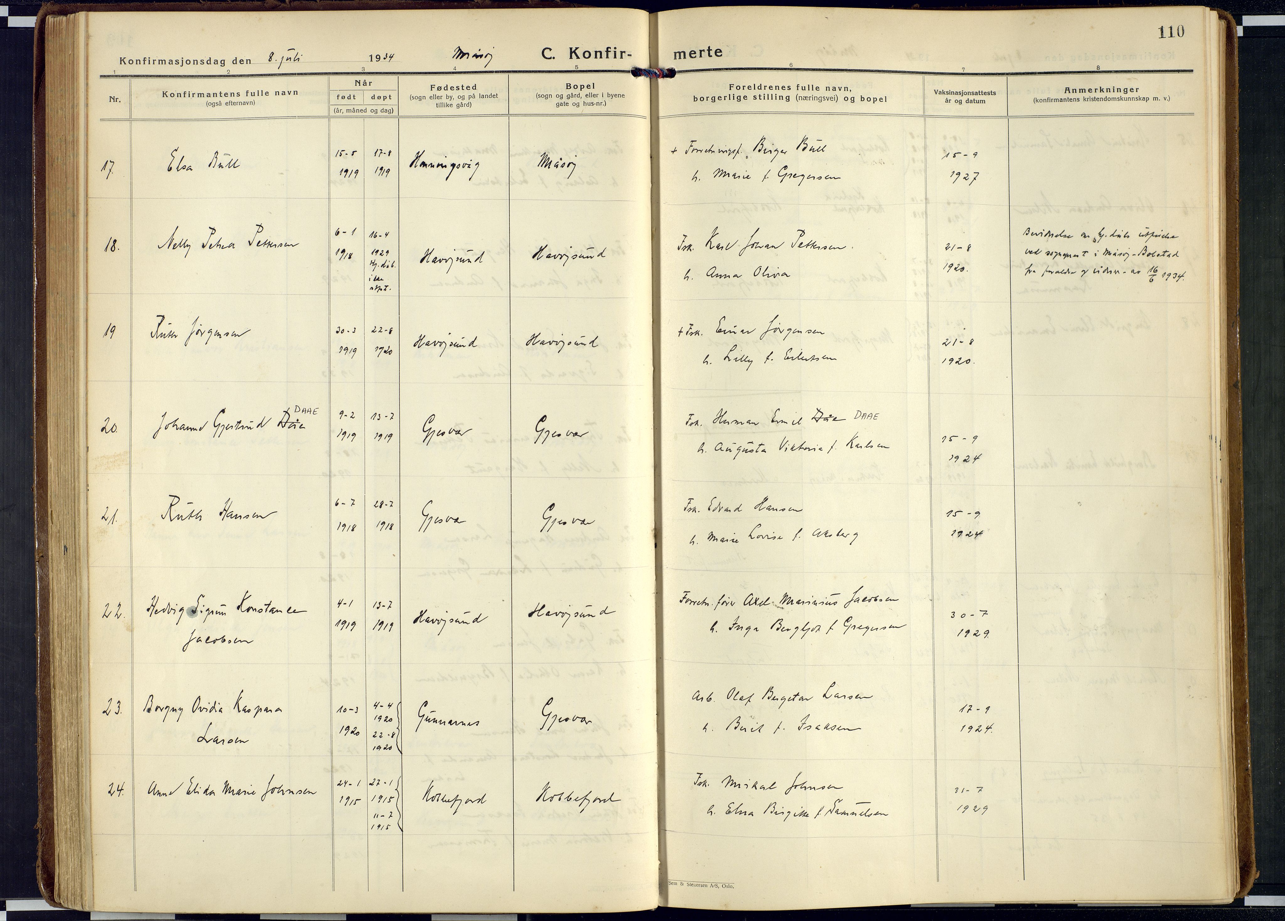 Måsøy sokneprestkontor, AV/SATØ-S-1348/H/Ha/L0011kirke: Parish register (official) no. 11, 1933-1947, p. 110