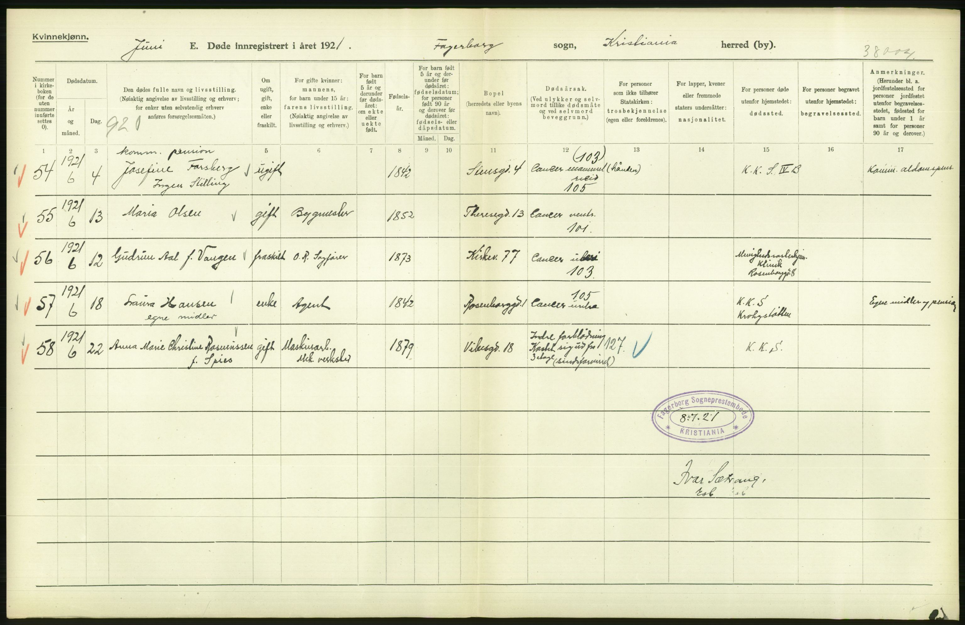 Statistisk sentralbyrå, Sosiodemografiske emner, Befolkning, AV/RA-S-2228/D/Df/Dfc/Dfca/L0012: Kristiania: Døde, 1921, p. 330