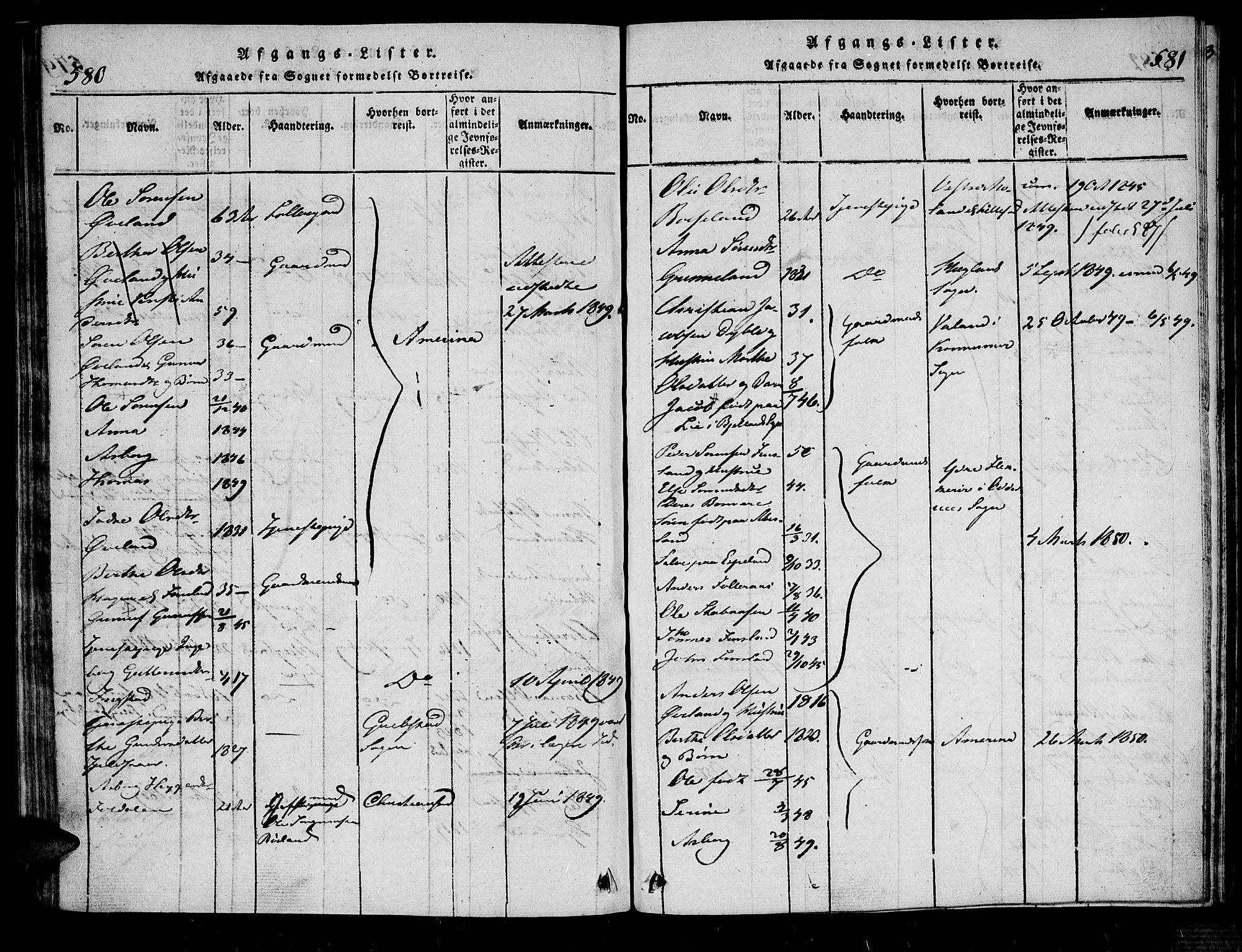 Bjelland sokneprestkontor, AV/SAK-1111-0005/F/Fa/Fab/L0002: Parish register (official) no. A 2, 1816-1869, p. 580-581