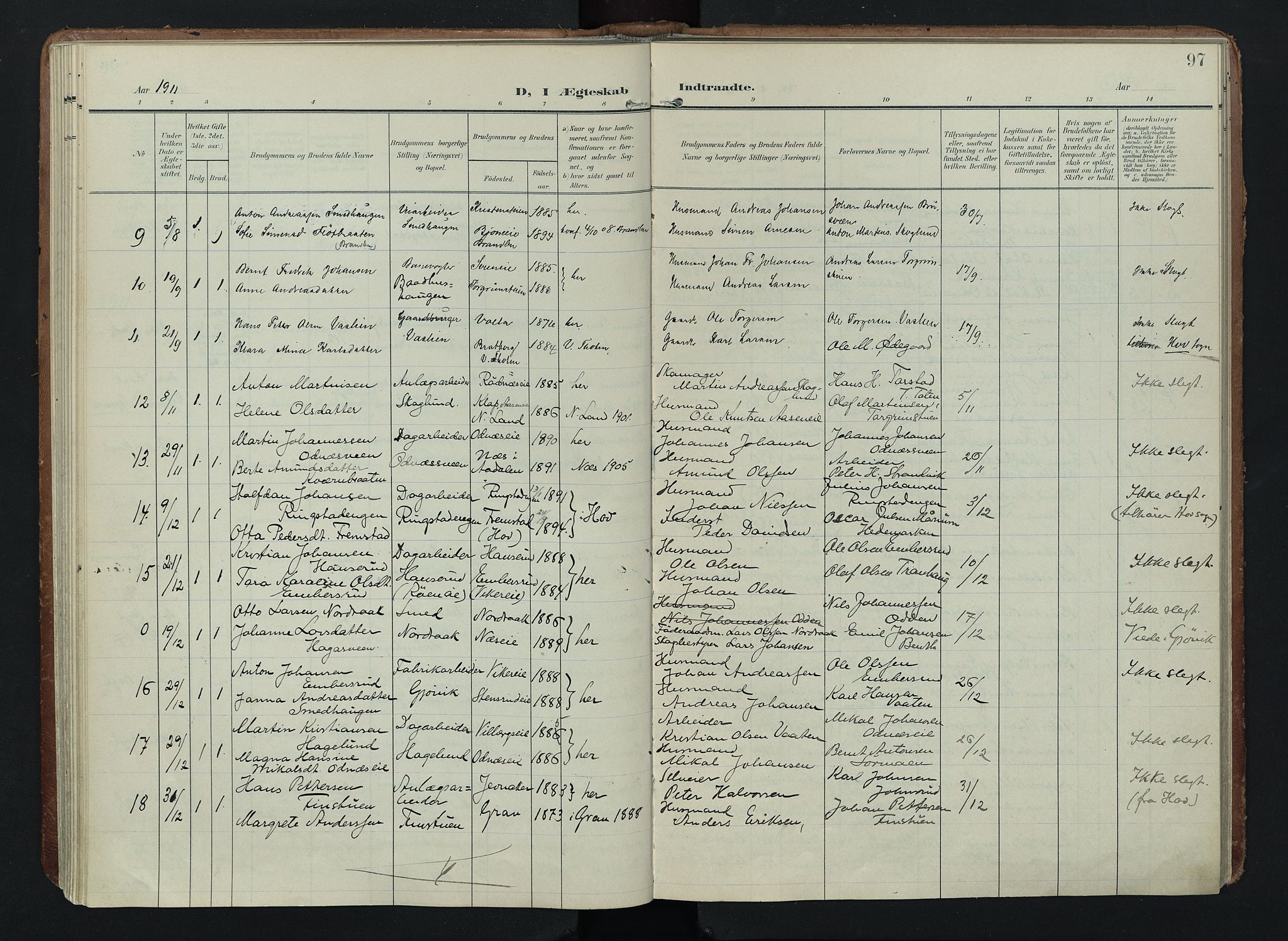 Søndre Land prestekontor, SAH/PREST-122/K/L0005: Parish register (official) no. 5, 1905-1914, p. 97