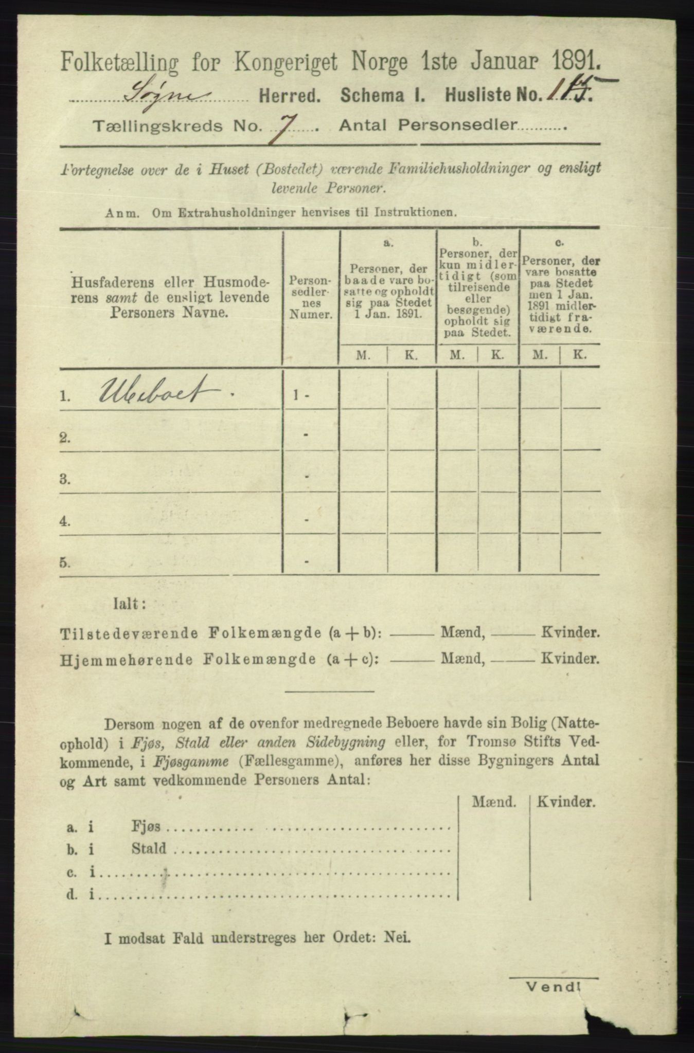 RA, 1891 census for 1018 Søgne, 1891, p. 1538