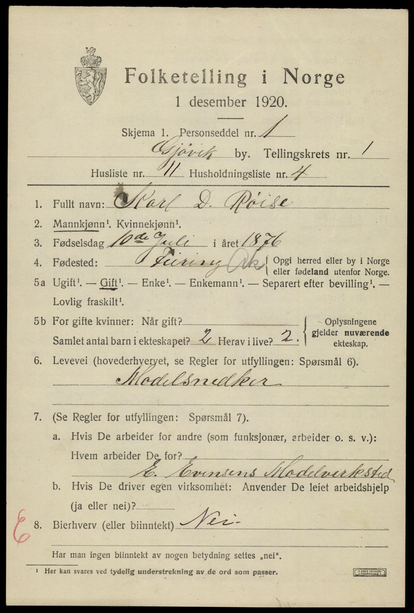 SAH, 1920 census for Gjøvik, 1920, p. 2796