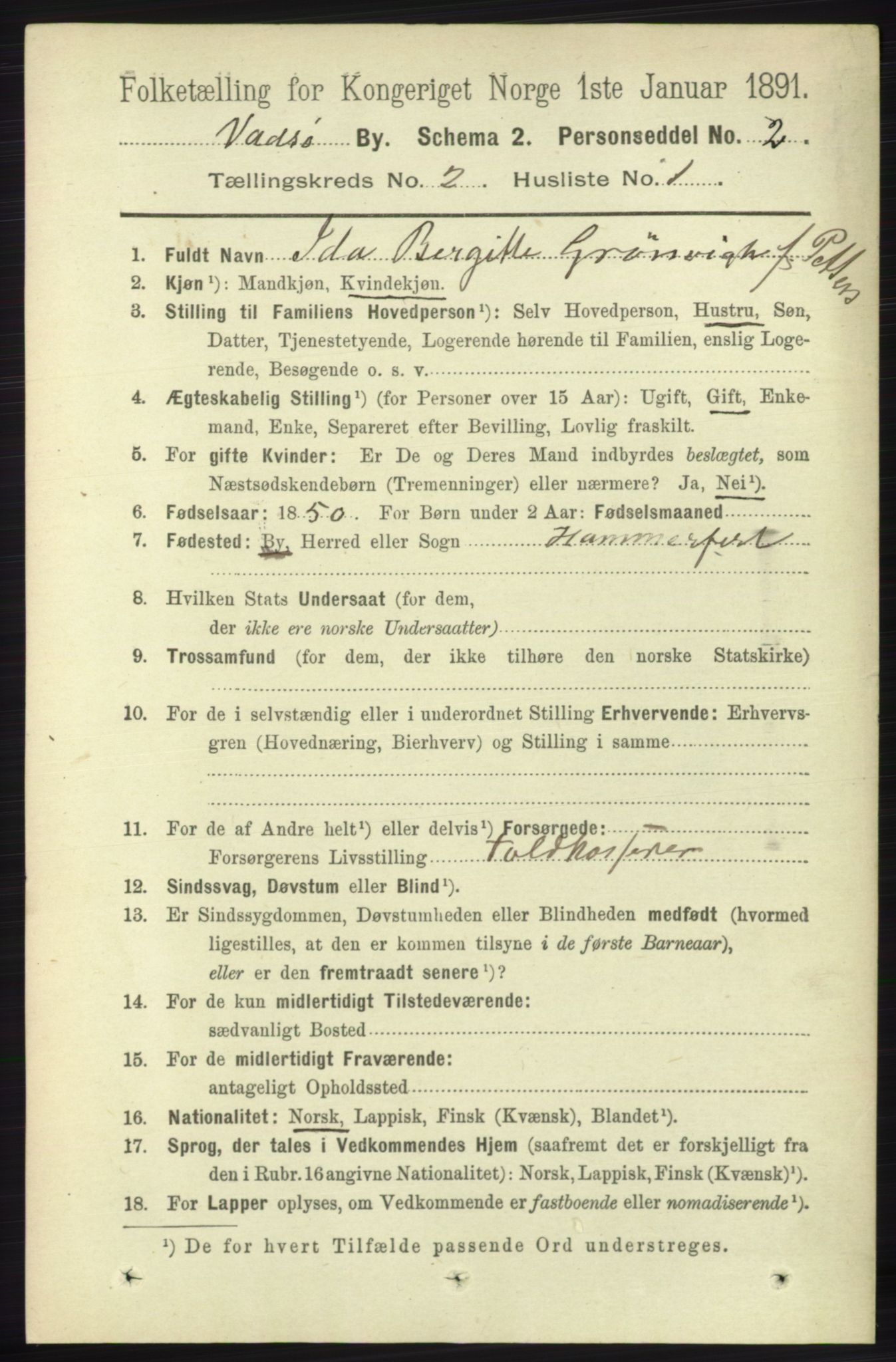 RA, 1891 census for 2003 Vadsø, 1891, p. 767