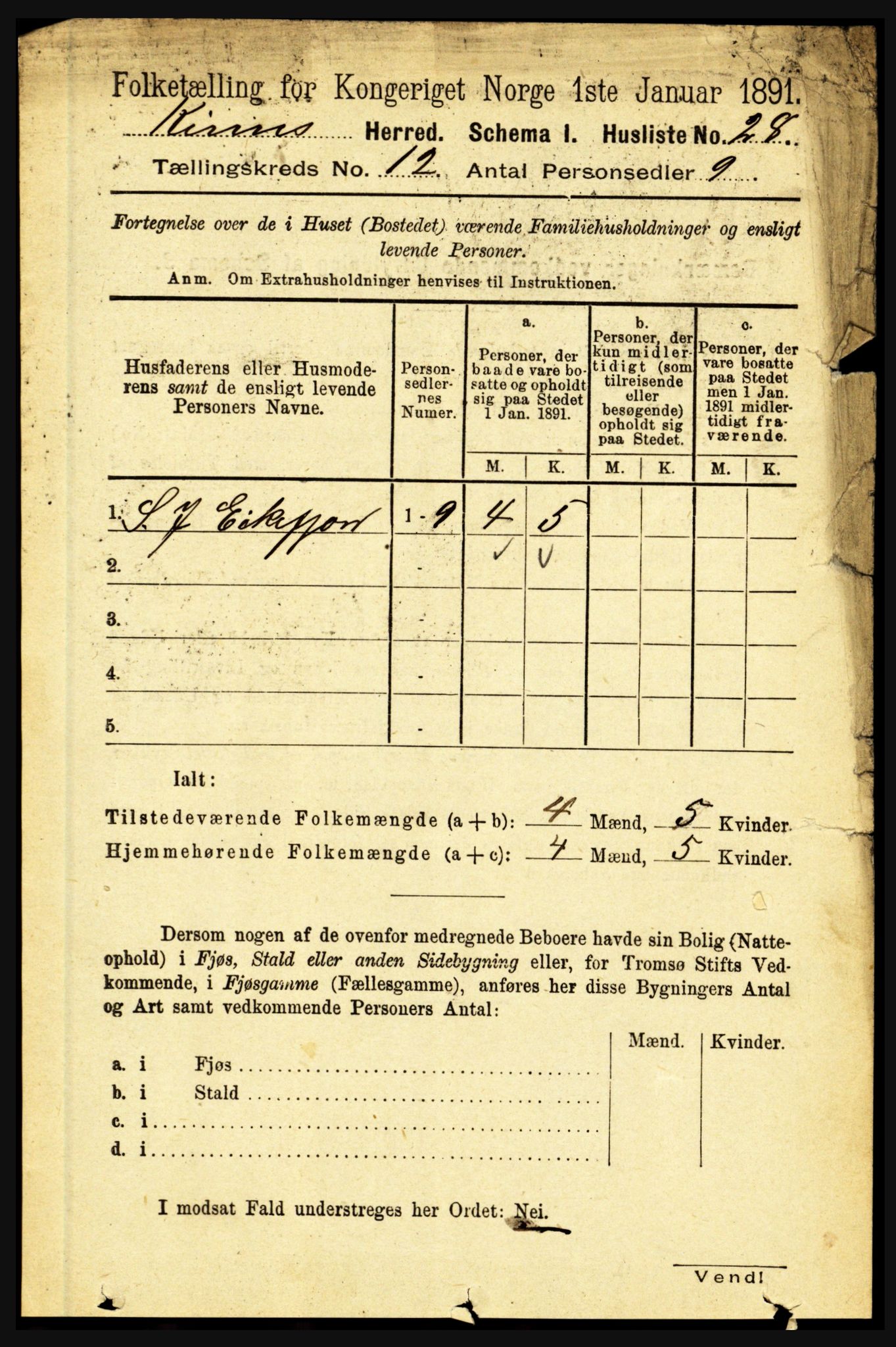 RA, 1891 census for 1437 Kinn, 1891, p. 4458
