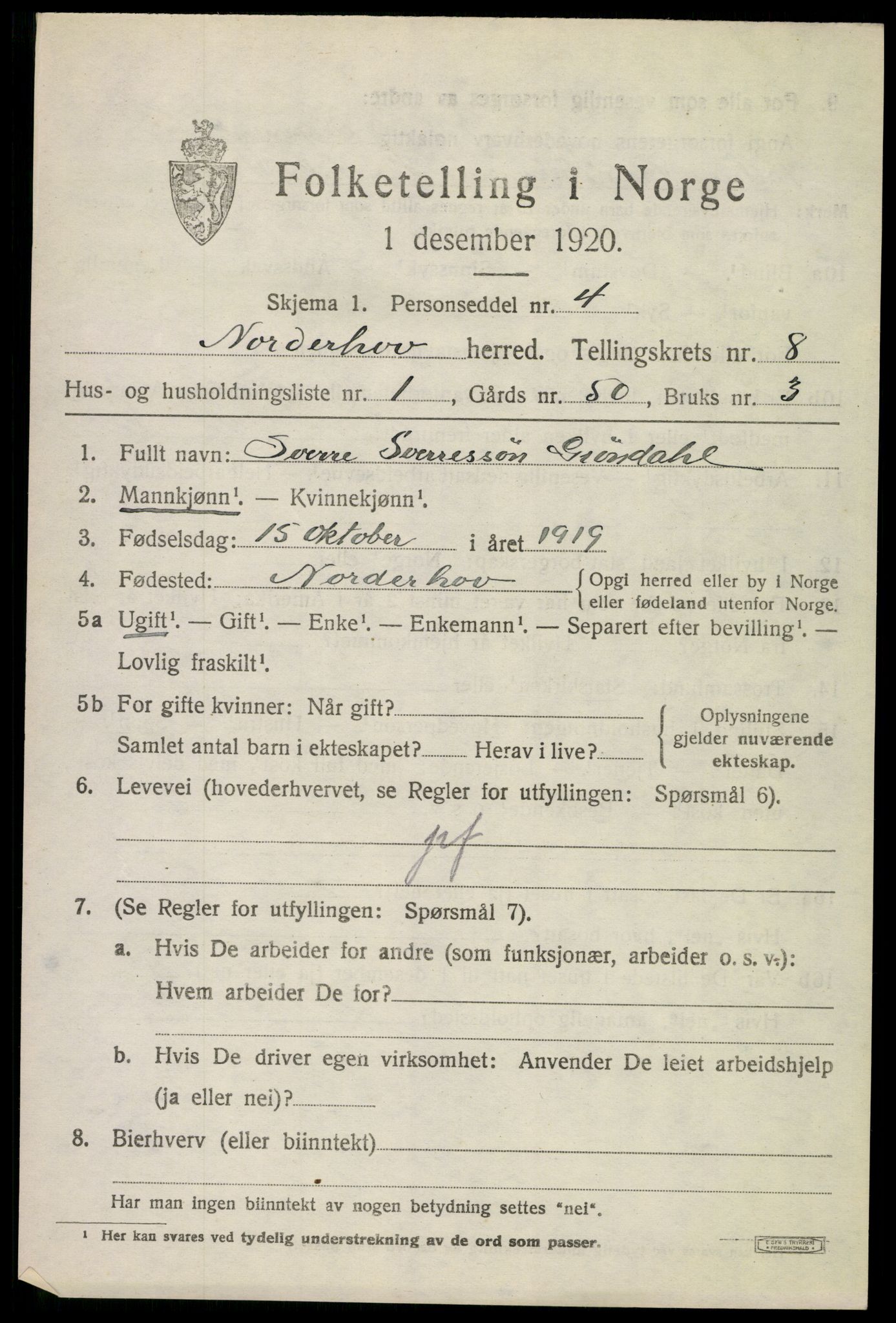 SAKO, 1920 census for Norderhov, 1920, p. 10001