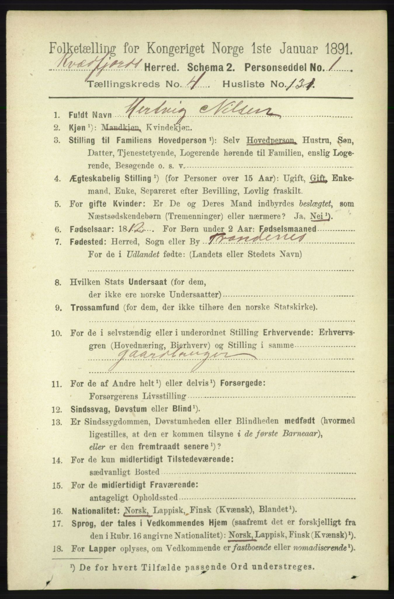 RA, 1891 census for 1911 Kvæfjord, 1891, p. 2723