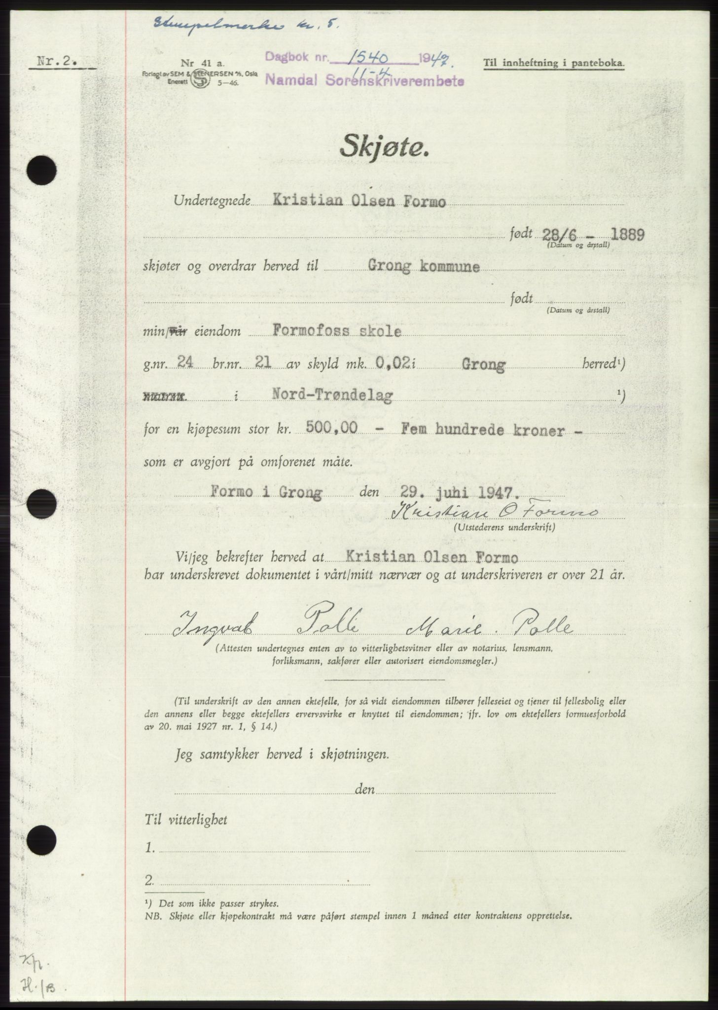 Namdal sorenskriveri, AV/SAT-A-4133/1/2/2C: Mortgage book no. -, 1947-1947, Diary no: : 1540/1947