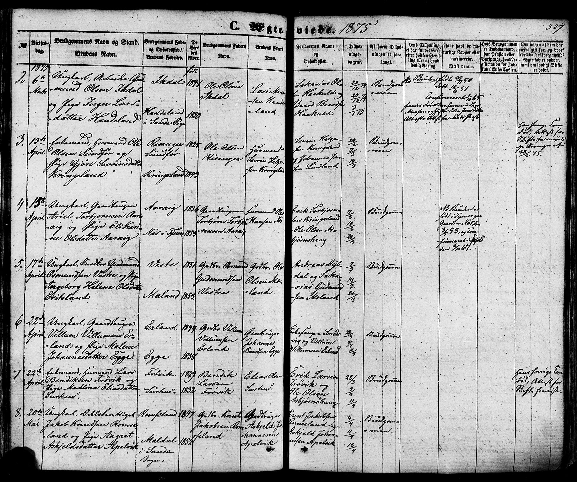 Skjold sokneprestkontor, AV/SAST-A-101847/H/Ha/Haa/L0008: Parish register (official) no. A 8, 1856-1882, p. 327