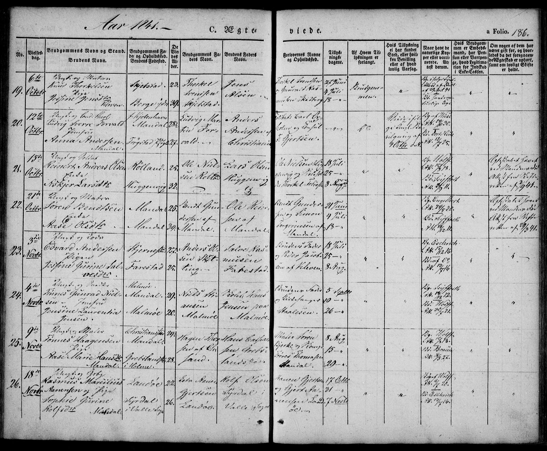 Mandal sokneprestkontor, AV/SAK-1111-0030/F/Fa/Faa/L0012: Parish register (official) no. A 12, 1840-1847, p. 186