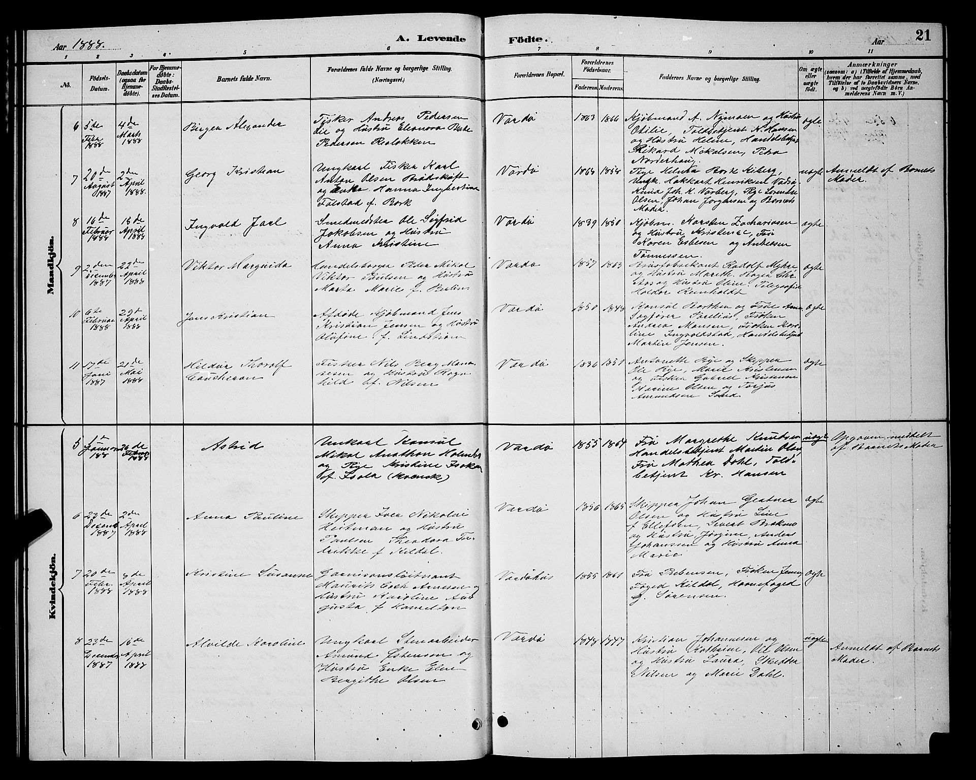 Vardø sokneprestkontor, AV/SATØ-S-1332/H/Hb/L0005klokker: Parish register (copy) no. 5, 1887-1892, p. 21