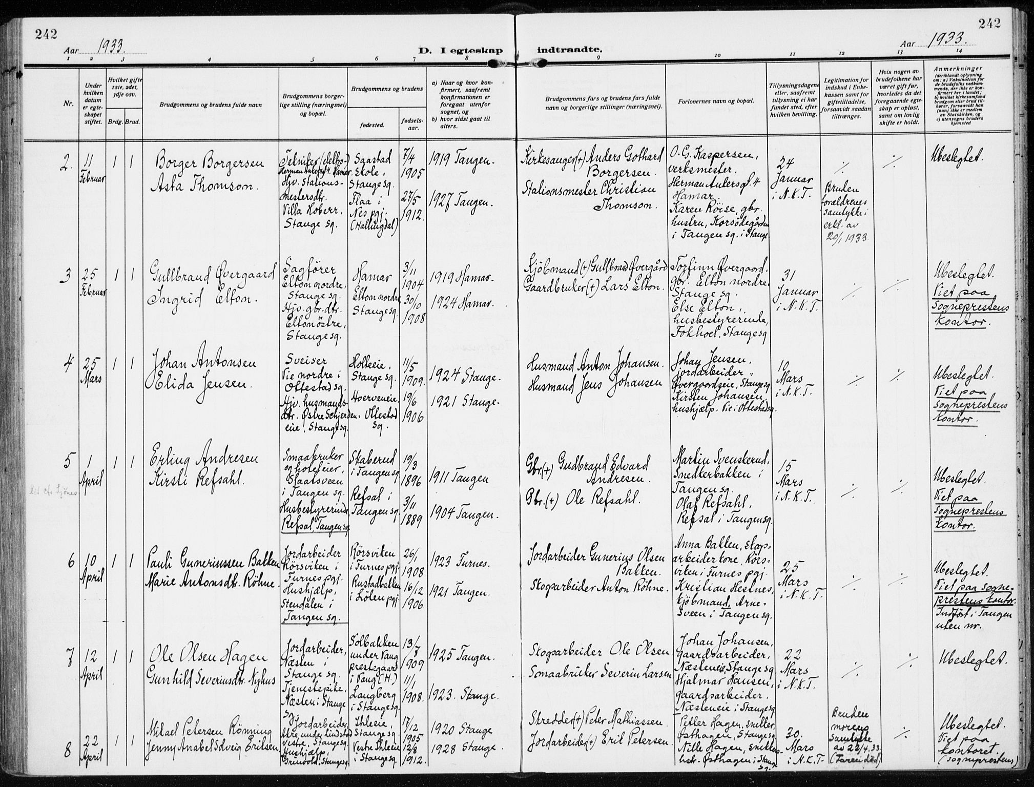 Stange prestekontor, AV/SAH-PREST-002/K/L0026: Parish register (official) no. 26, 1923-1937, p. 242