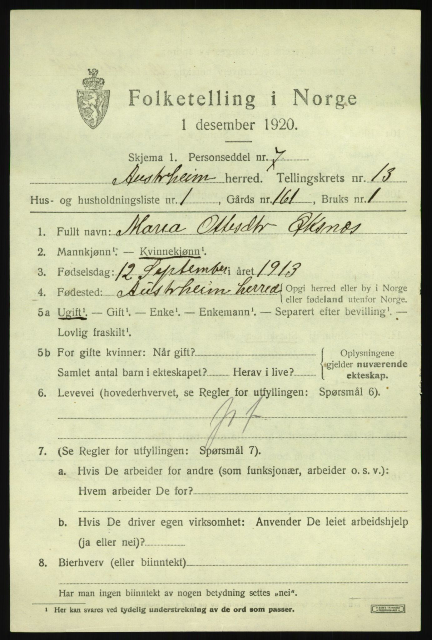 SAB, 1920 census for Austrheim, 1920, p. 4526