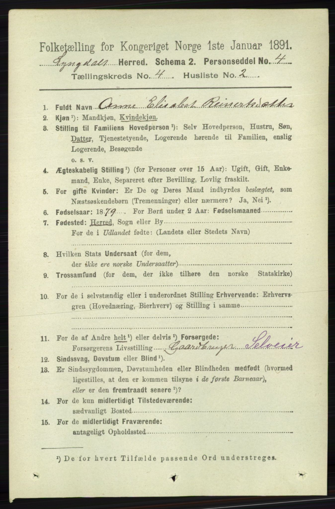 RA, 1891 census for 1032 Lyngdal, 1891, p. 1435