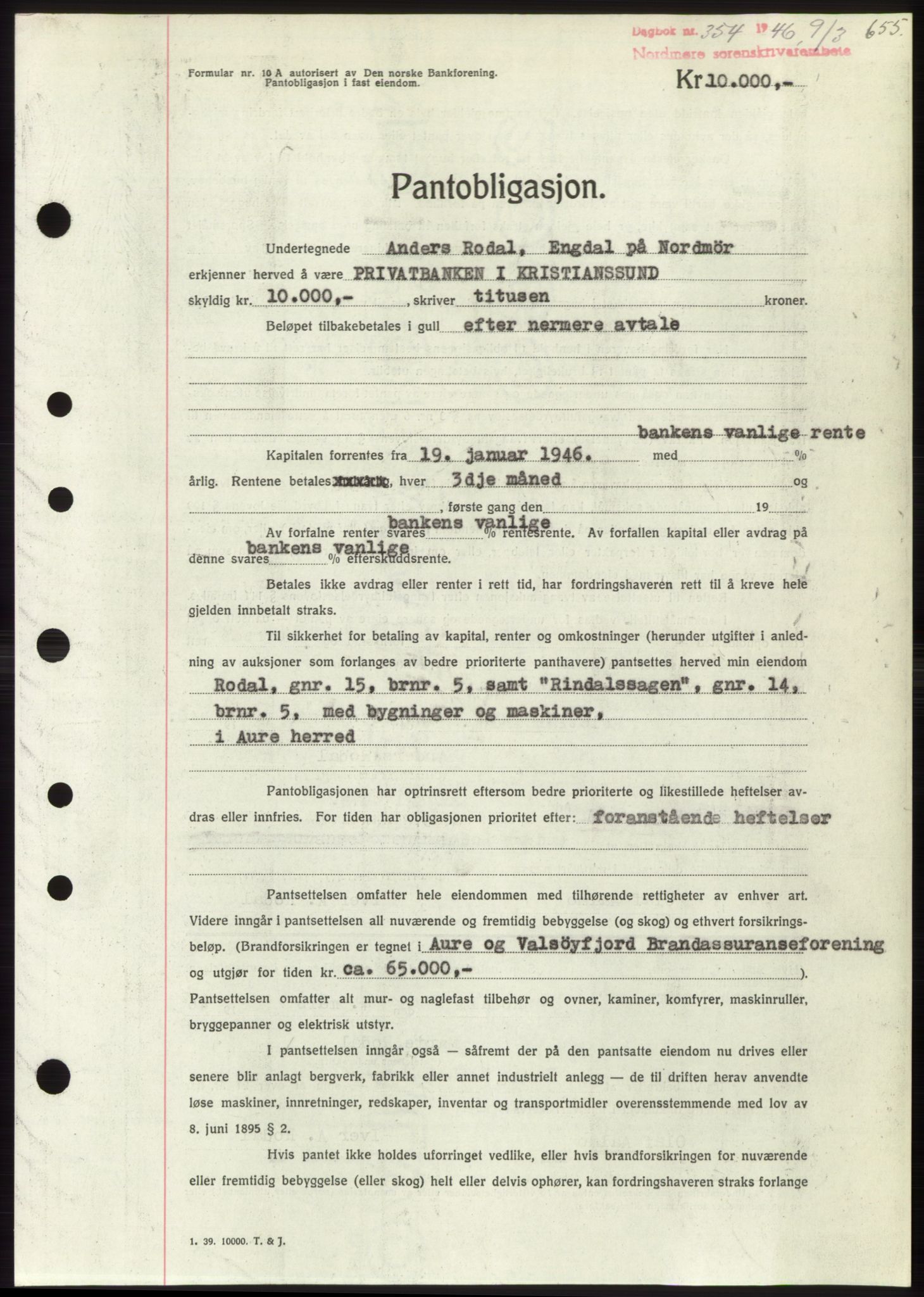 Nordmøre sorenskriveri, AV/SAT-A-4132/1/2/2Ca: Mortgage book no. B93b, 1946-1946, Diary no: : 354/1946