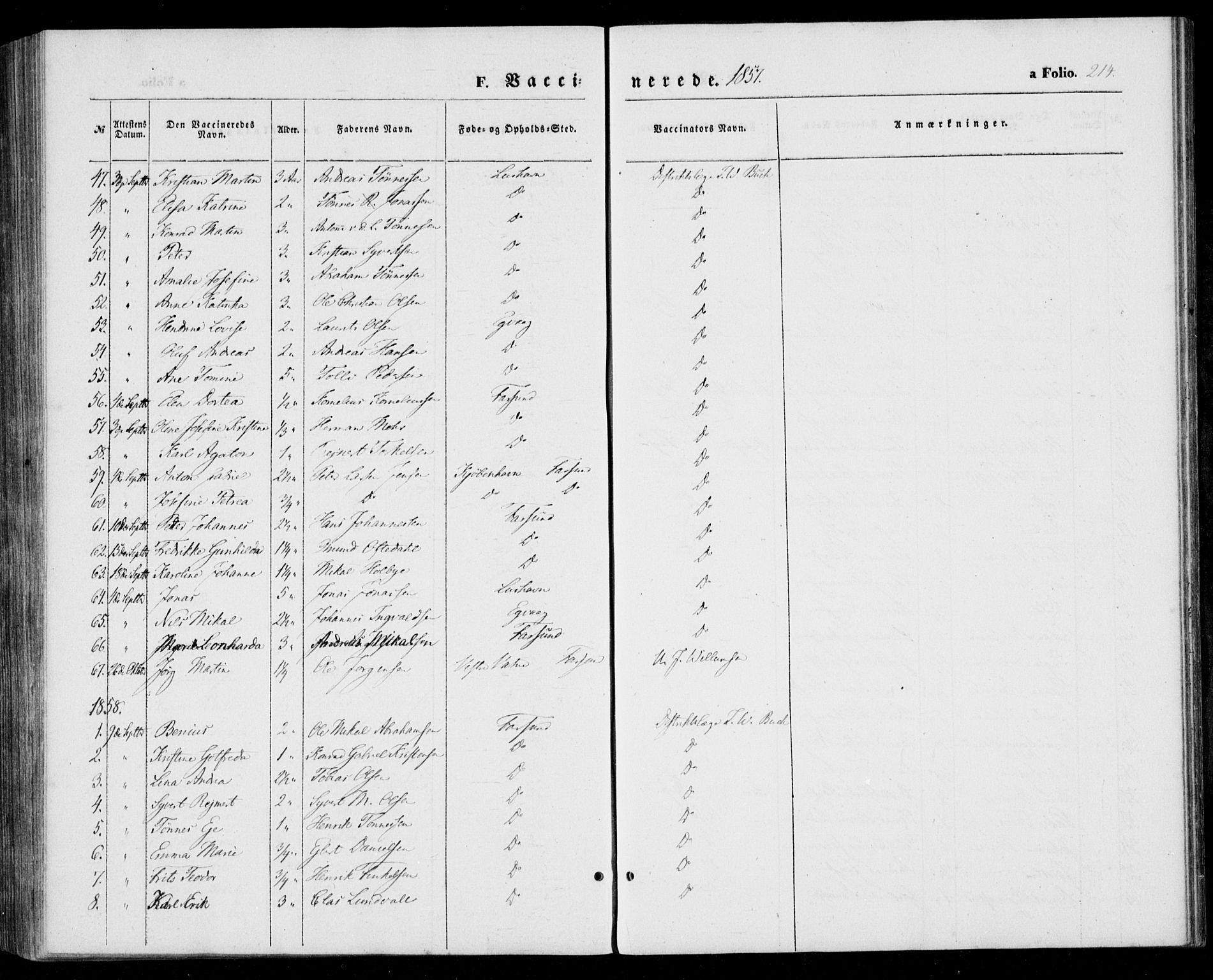 Farsund sokneprestkontor, AV/SAK-1111-0009/F/Fa/L0004: Parish register (official) no. A 4, 1847-1863, p. 214