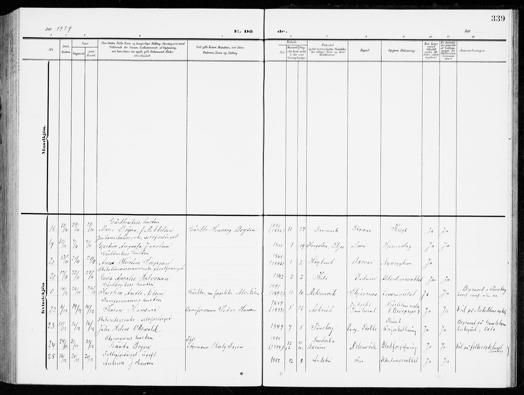 Stokke kirkebøker, AV/SAKO-A-320/G/Ga/L0001: Parish register (copy) no. I 1, 1904-1940, p. 339