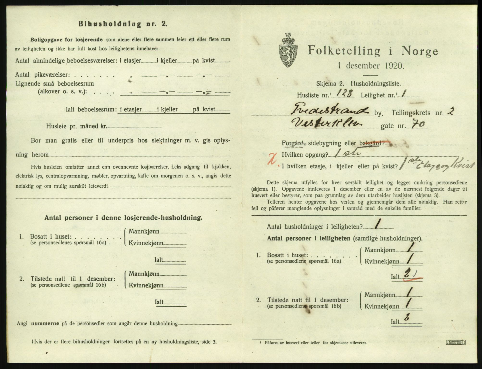 SAK, 1920 census for Tvedestrand, 1920, p. 1265