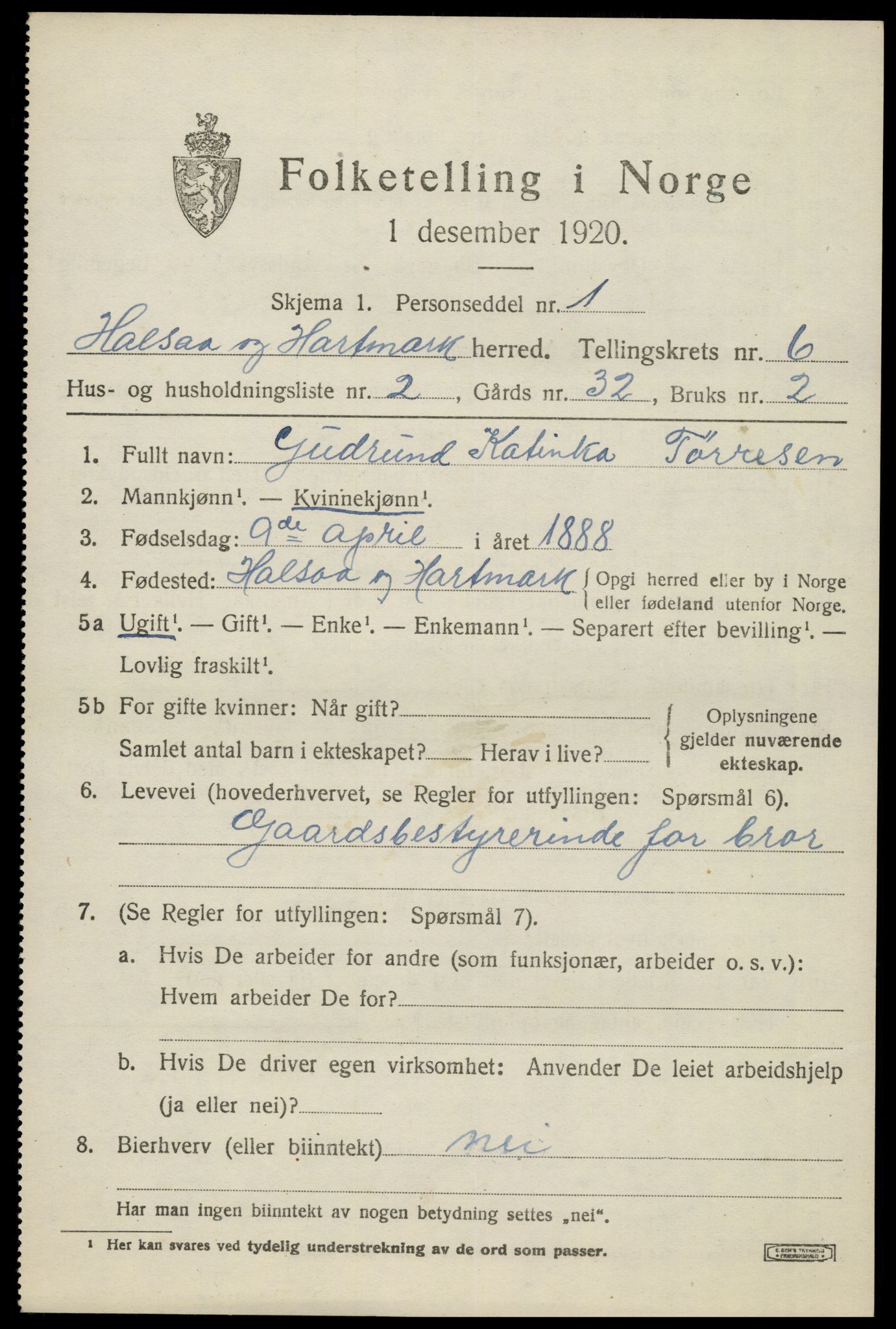 SAK, 1920 census for Halse og Harkmark, 1920, p. 3406