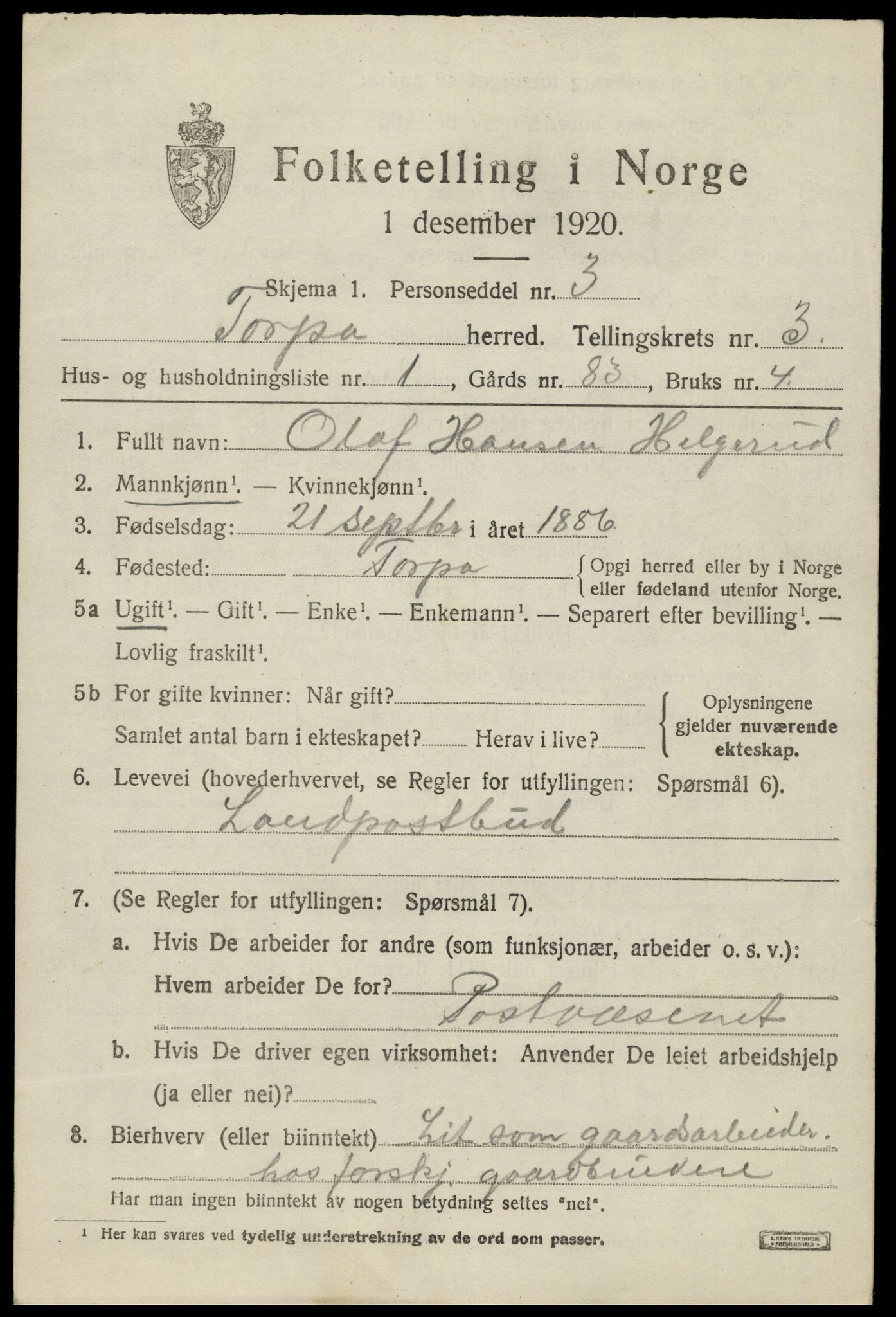 SAH, 1920 census for Torpa, 1920, p. 2257