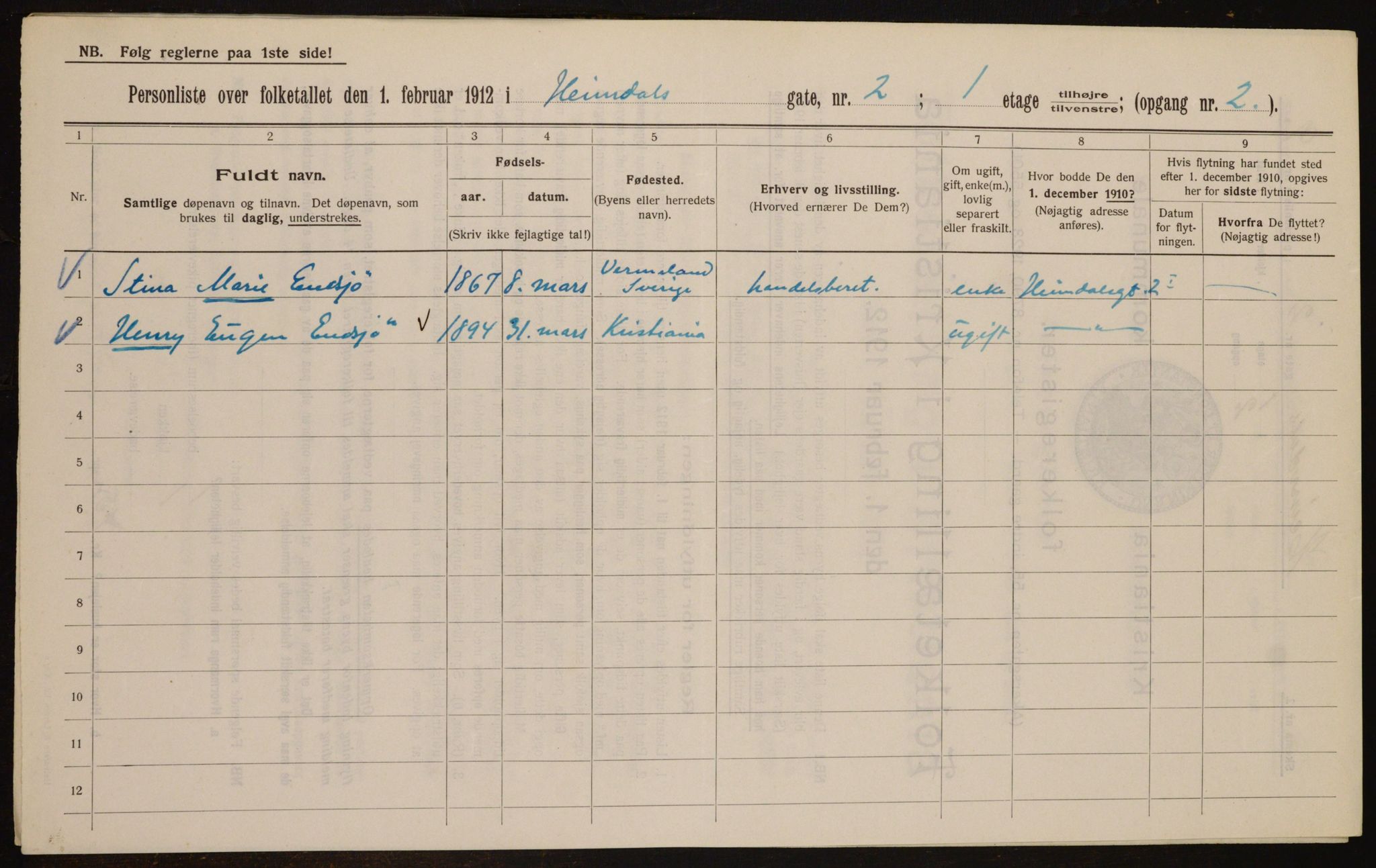 OBA, Municipal Census 1912 for Kristiania, 1912, p. 36970