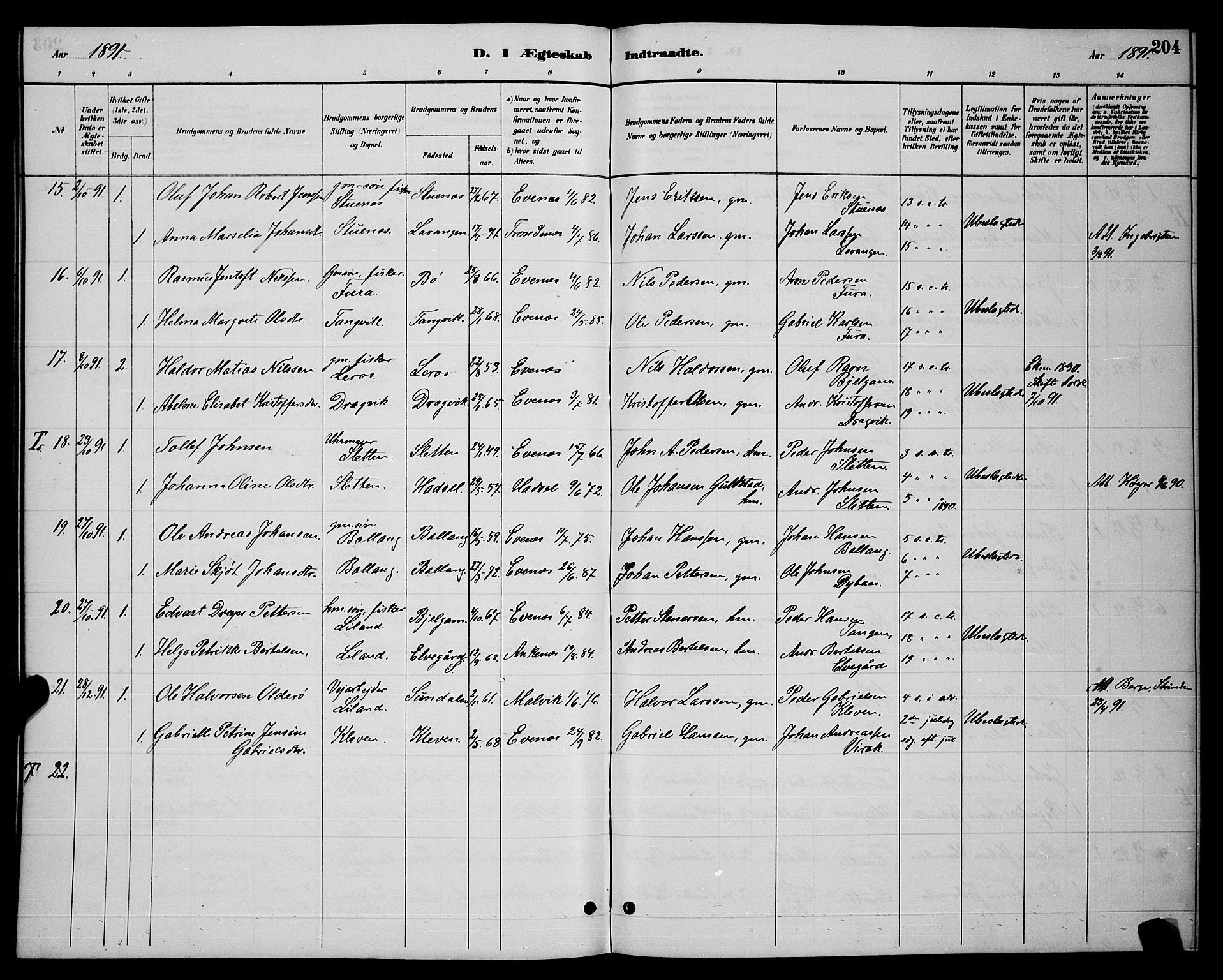 Ministerialprotokoller, klokkerbøker og fødselsregistre - Nordland, AV/SAT-A-1459/863/L0914: Parish register (copy) no. 863C04, 1886-1897, p. 204