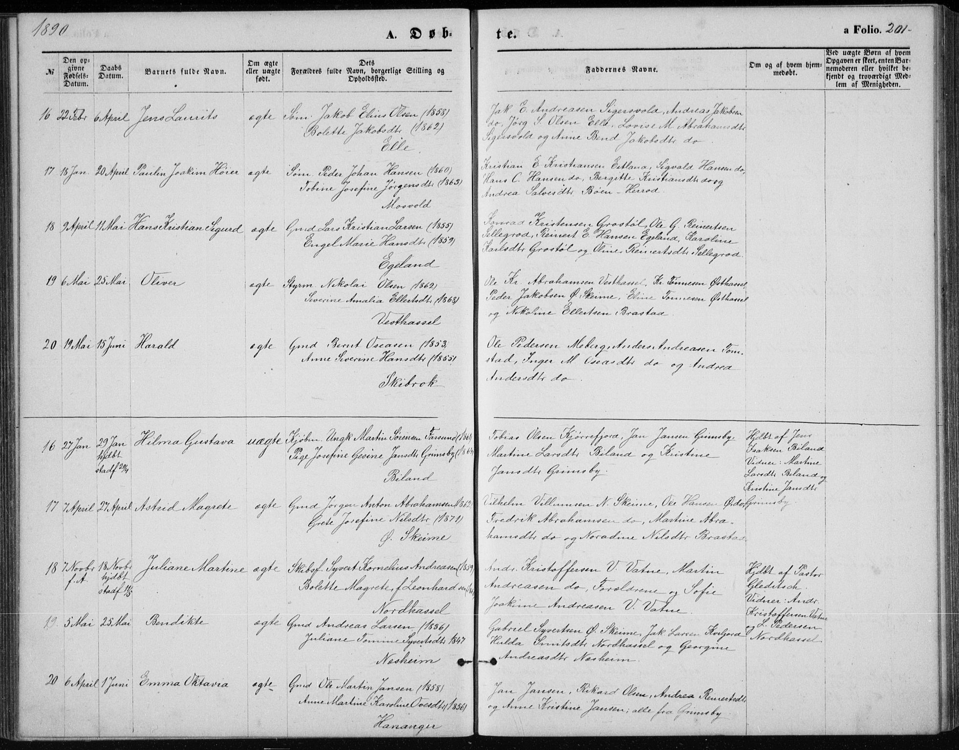 Lista sokneprestkontor, AV/SAK-1111-0027/F/Fb/L0004: Parish register (copy) no. B 4, 1877-1891, p. 201