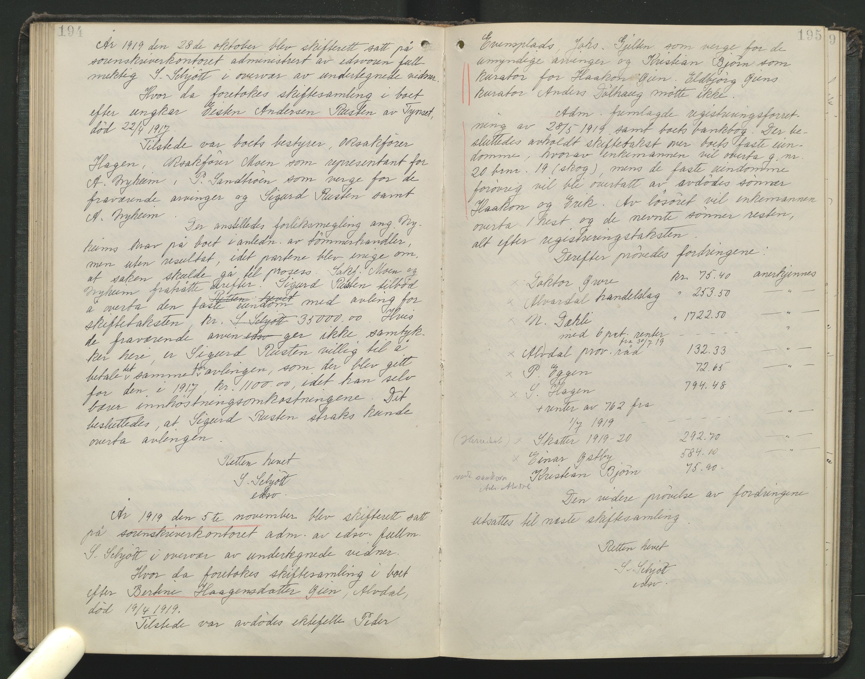 Nord-Østerdal tingrett, AV/SAH-TING-020/J/Jc/L0006: Skifteforhandlingsprotokoll, 1914-1920, p. 194-195