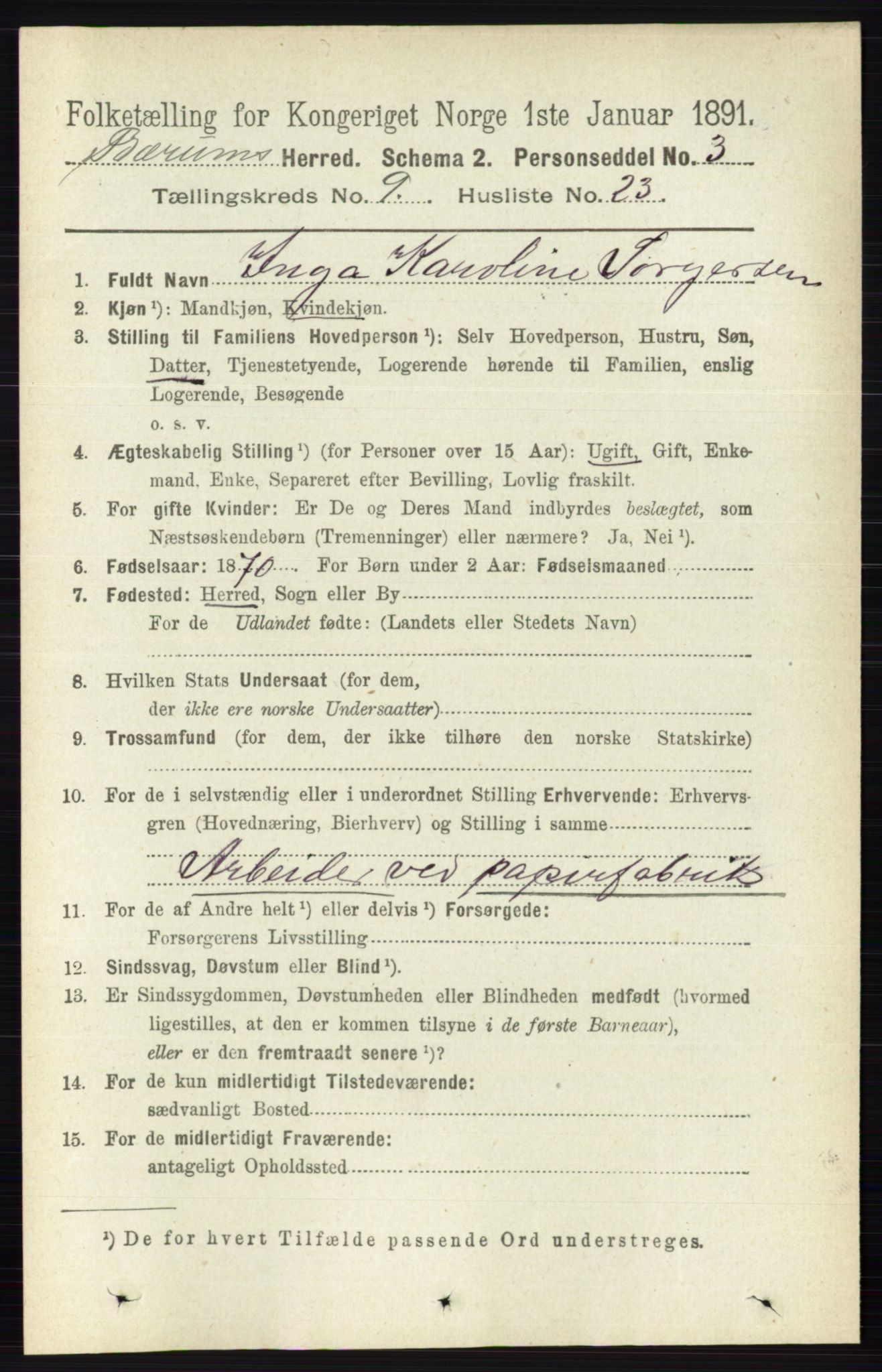 RA, 1891 census for 0219 Bærum, 1891, p. 5346
