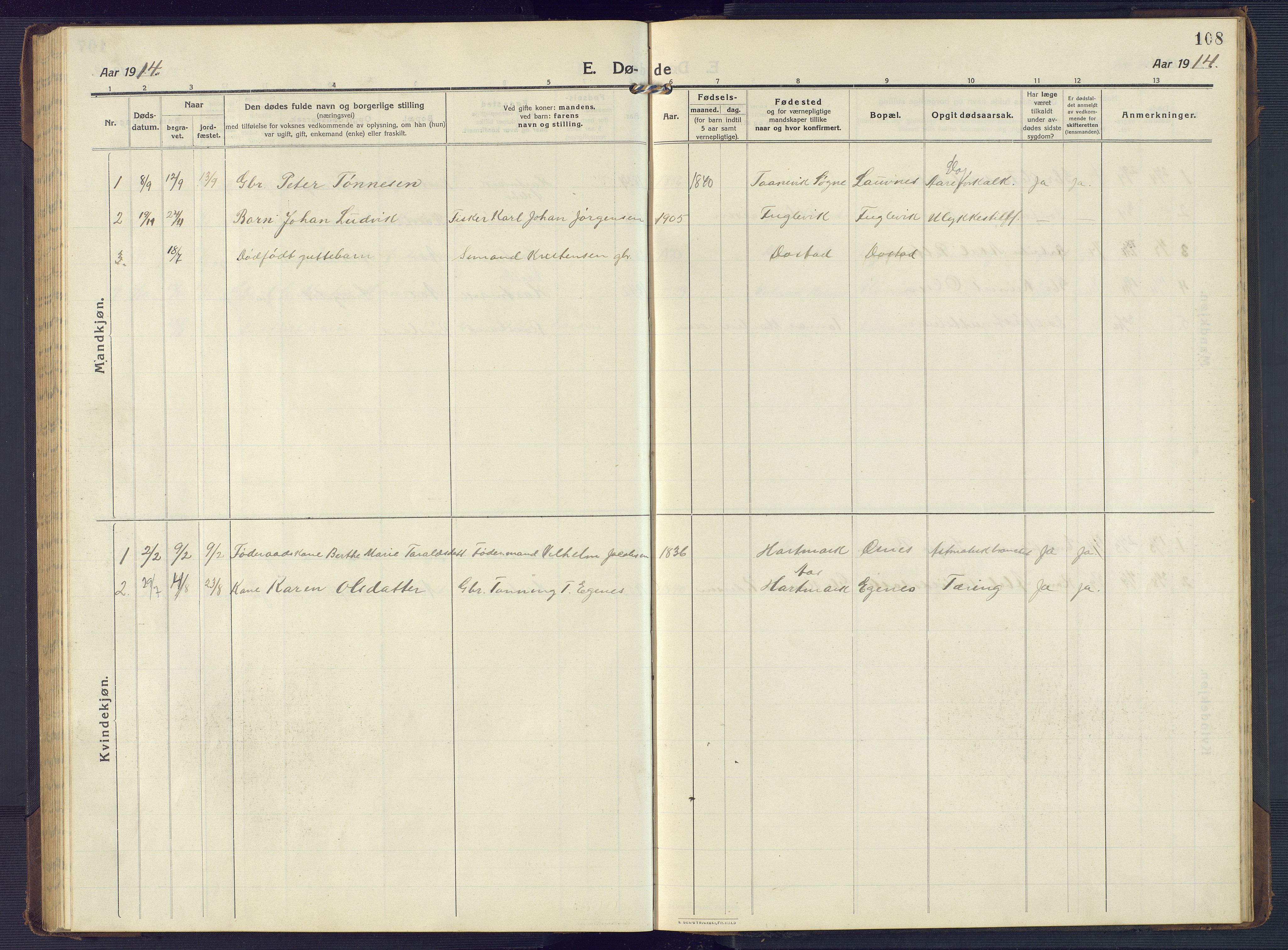 Mandal sokneprestkontor, SAK/1111-0030/F/Fb/Fbb/L0005: Parish register (copy) no. B 5, 1913-1957, p. 108