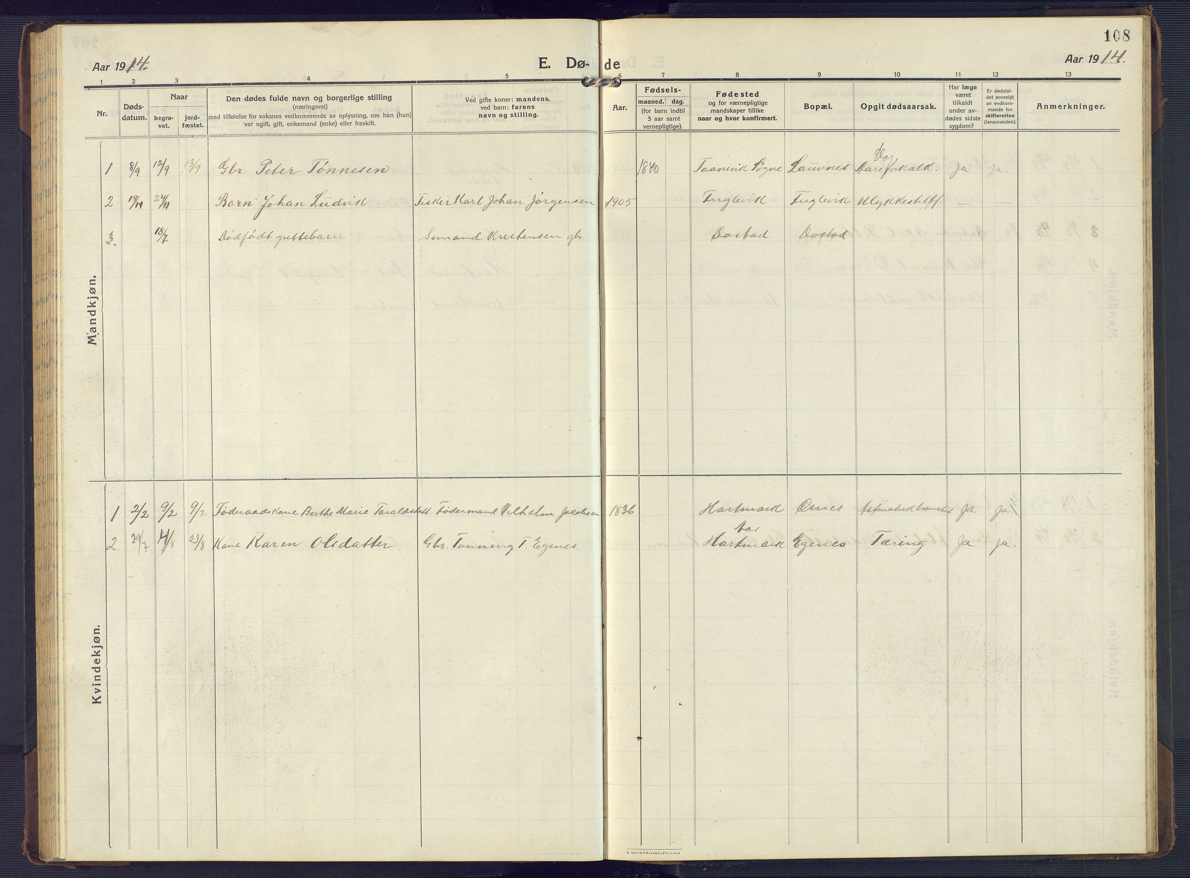 Mandal sokneprestkontor, AV/SAK-1111-0030/F/Fb/Fbb/L0005: Parish register (copy) no. B 5, 1913-1957, p. 108