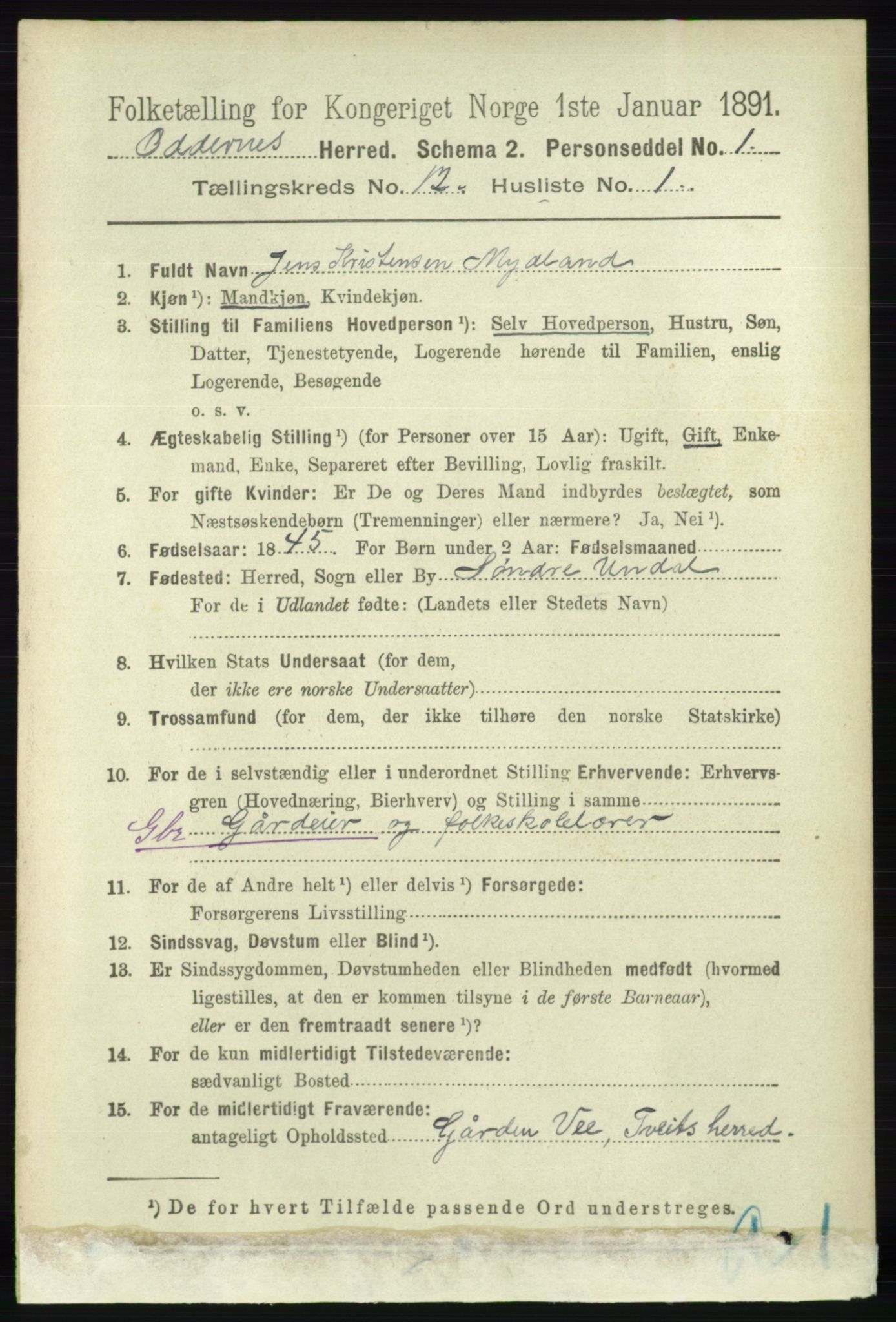 RA, 1891 census for 1012 Oddernes, 1891, p. 4356