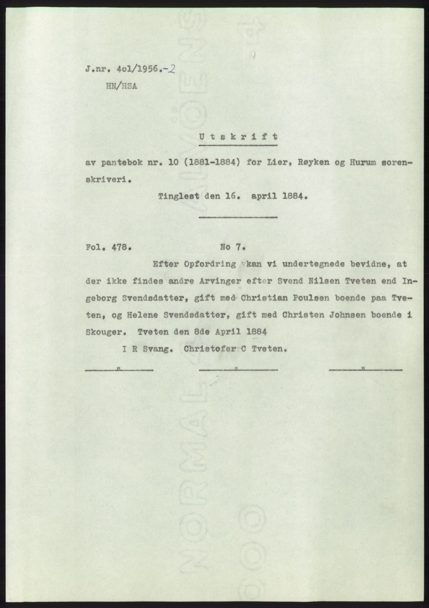 Statsarkivet i Kongsberg, AV/SAKO-A-0001/E/Ee/L0006: Avskrifter, SAO jnr. 401/1956 - 791/1956, 1956, p. 3