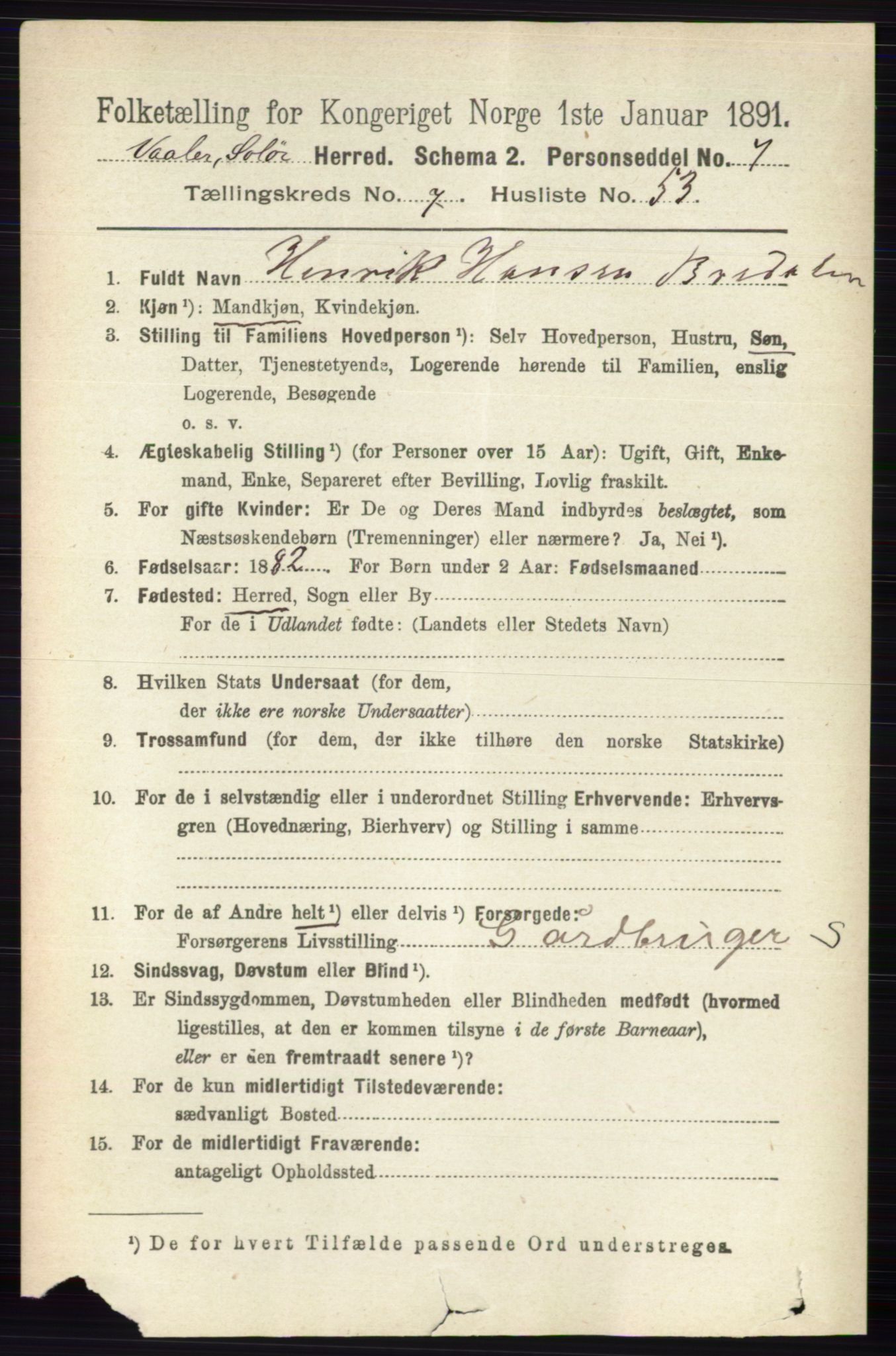 RA, 1891 census for 0426 Våler, 1891, p. 3252