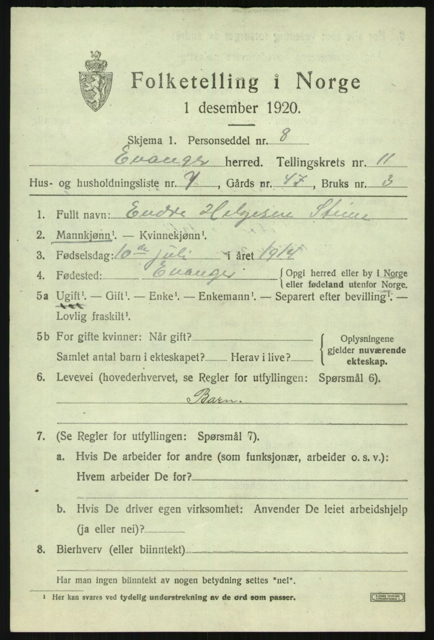 SAB, 1920 census for Evanger, 1920, p. 3647