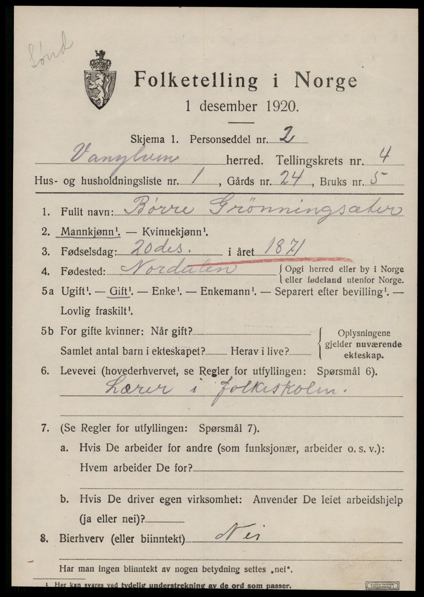 SAT, 1920 census for Vanylven, 1920, p. 2269