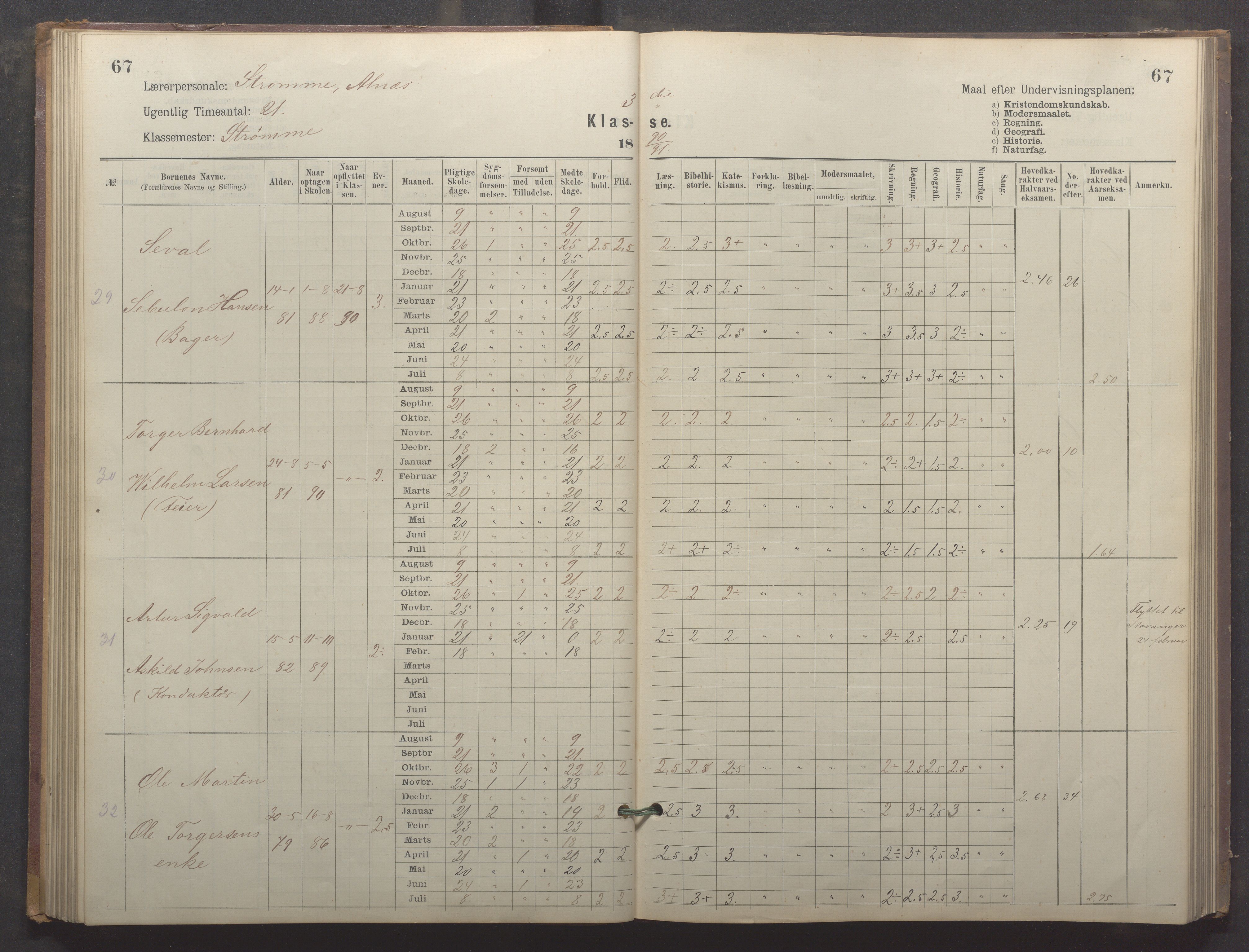 Egersund kommune (Ladested) - Egersund almueskole/folkeskole, IKAR/K-100521/H/L0024: Skoleprotokoll - Almueskolen, 3. klasse, 1887-1892, p. 67