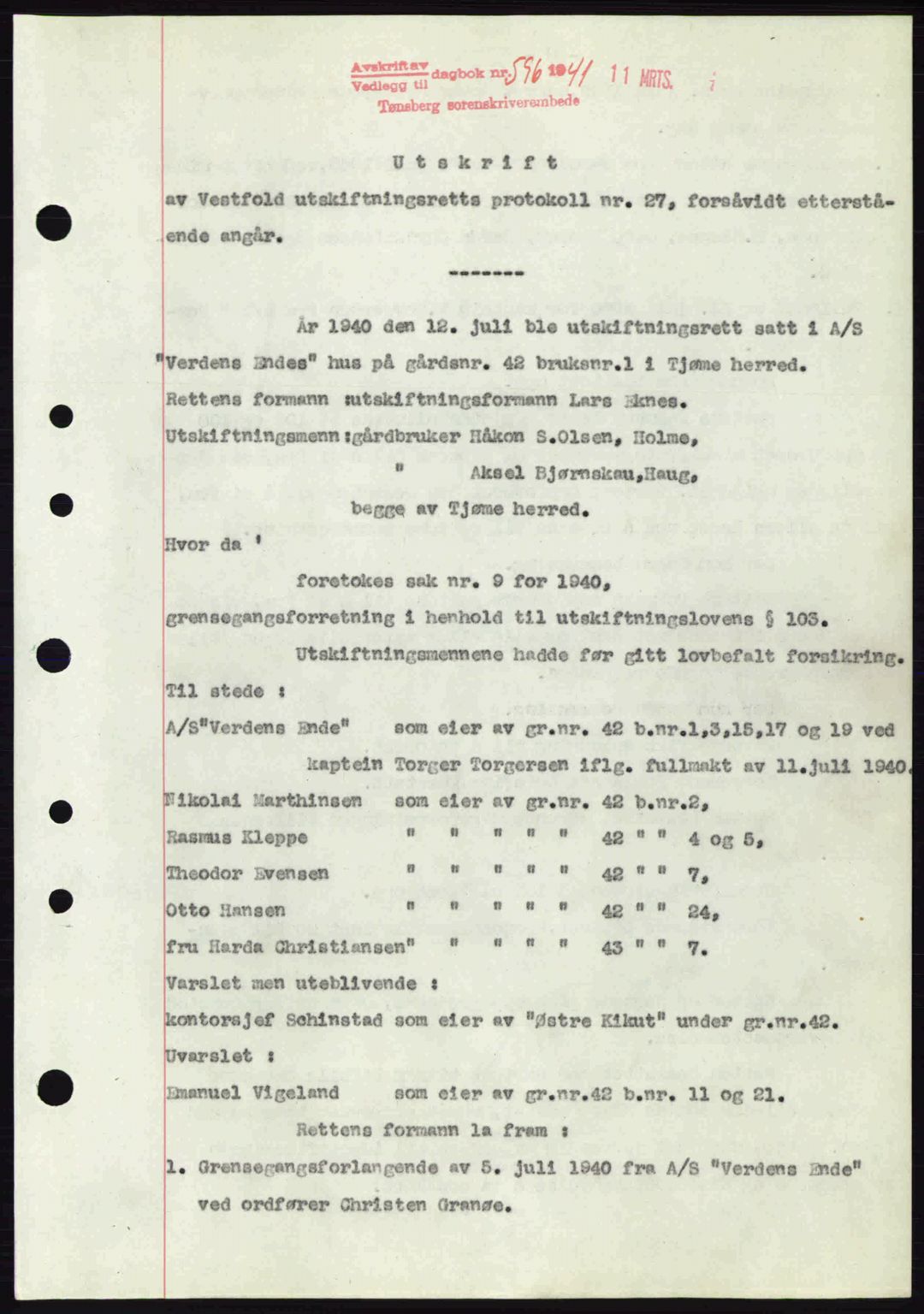 Tønsberg sorenskriveri, AV/SAKO-A-130/G/Ga/Gaa/L0010: Mortgage book no. A10, 1941-1941, Diary no: : 596/1941